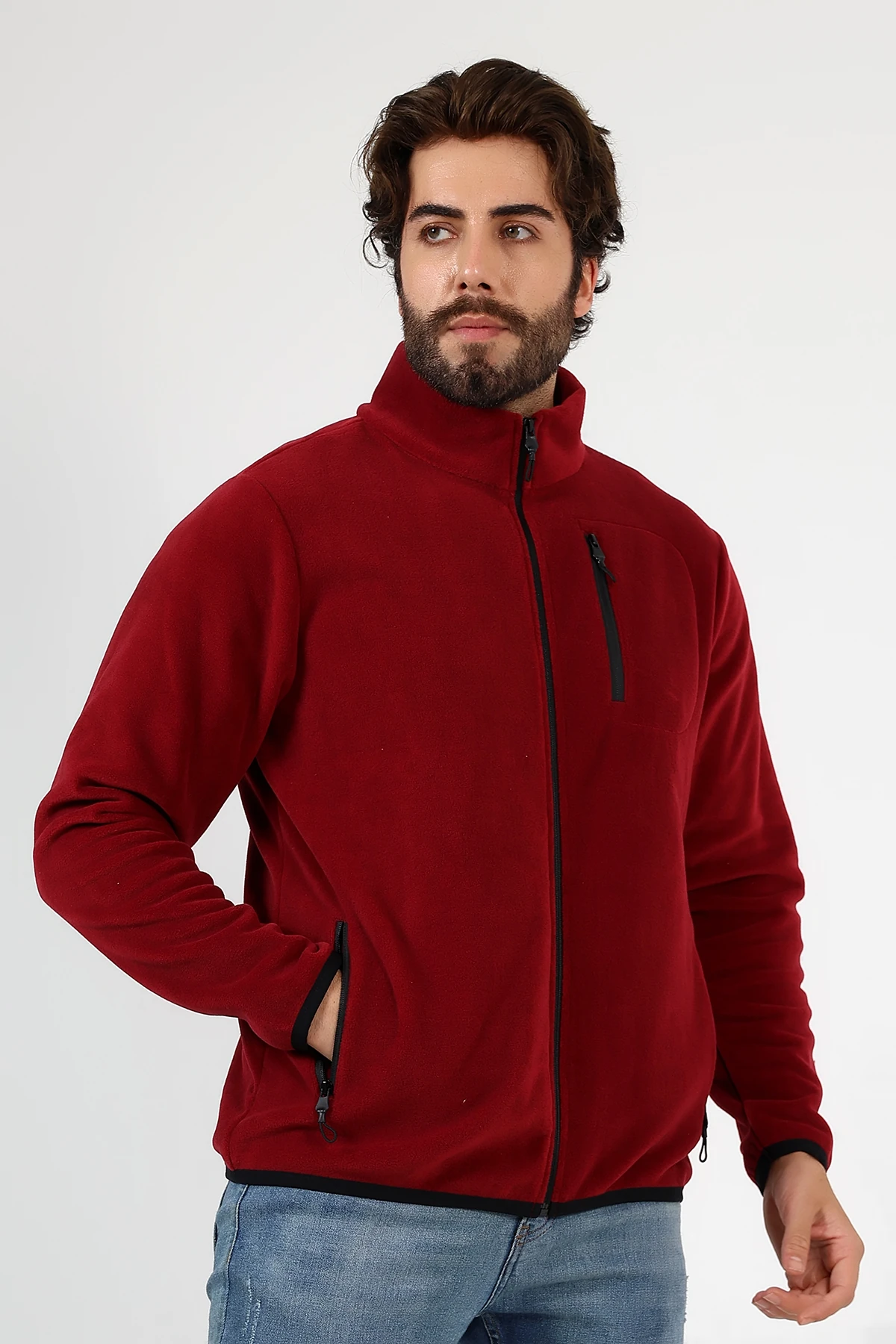 Bordo Fermuarlı Erkek Polar Hırka Anti pilling Tüylenmez Polar