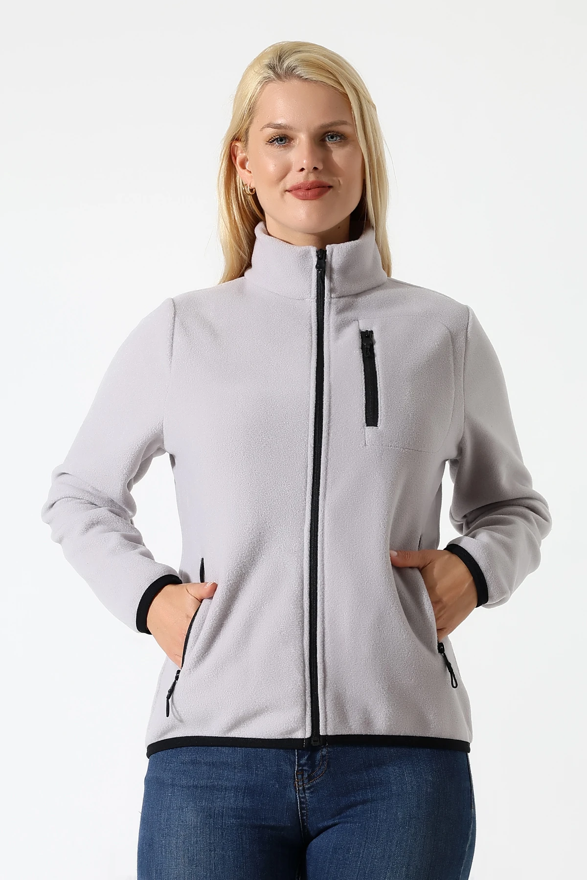 Gri Anti pilling Tüylenmez Polar Fermuarlı Kadın Polar Hırka