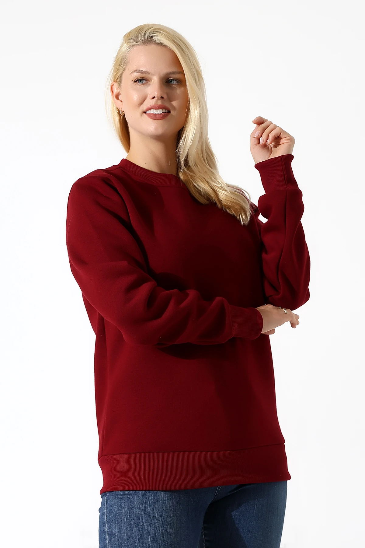 Bordo Üç İplik Kadın Basıc Sweatshirt