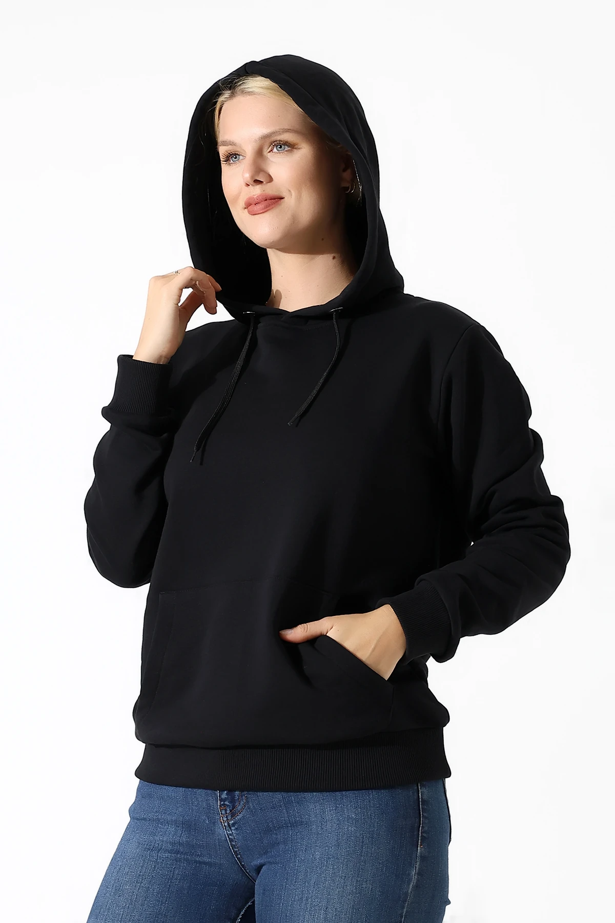 Siyah Kapşonlu Kadın Sweat Katlanınca Çanta Olan Sweat