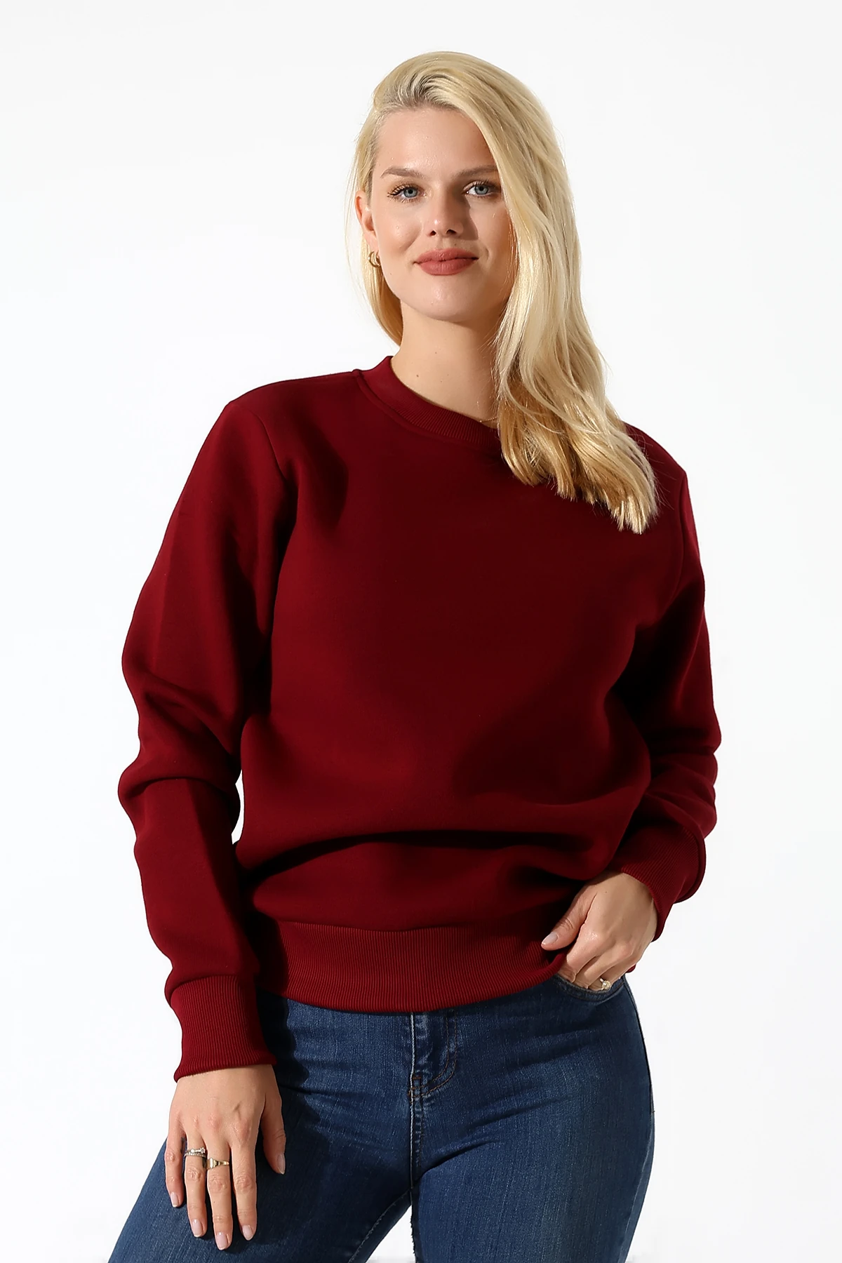 Bordo Üç İplik Kadın Basıc Sweatshirt