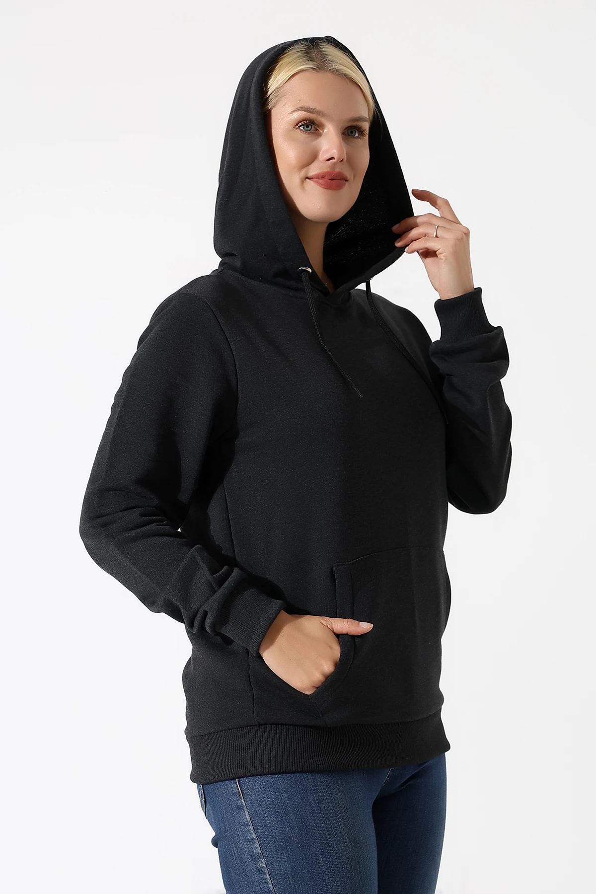 Antrasit Kapşonlu Kadın Sweat çantaya Dönüşen Sweat