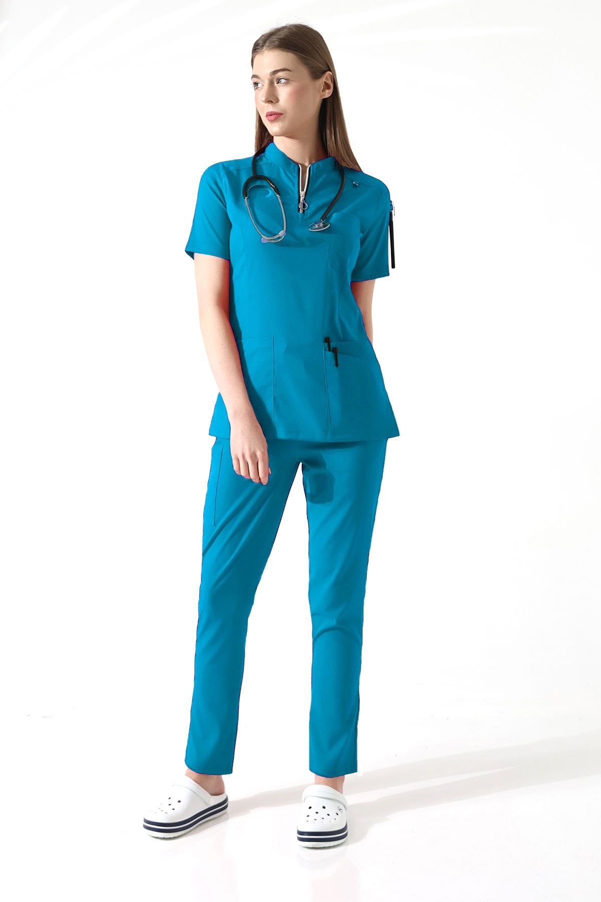 FERMUARLI MAVİ DOKTOR HEMŞİRE  ÜNİFORMA TAKIMI KADIN