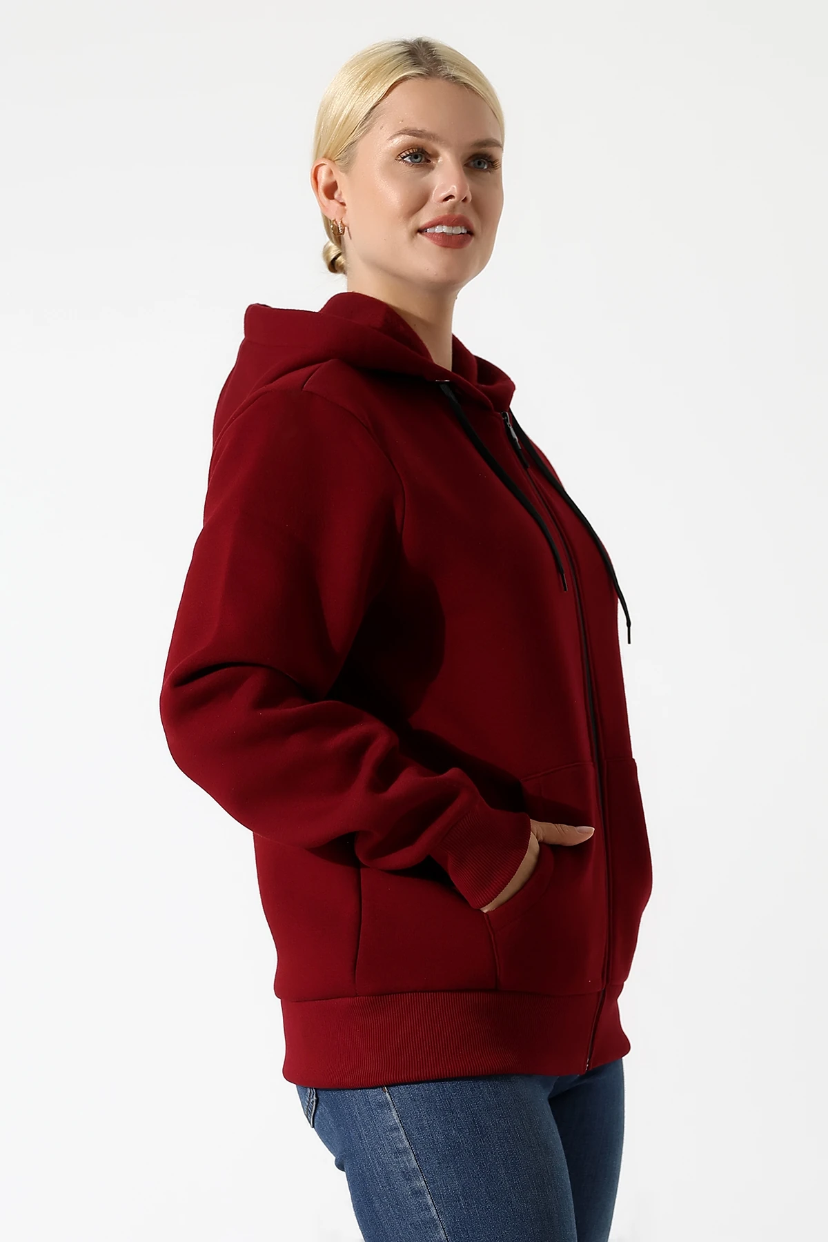 Bordo Kapşonlu Fermuarlı Kadın Hırka Katlanınca Çanta Olan Hırka