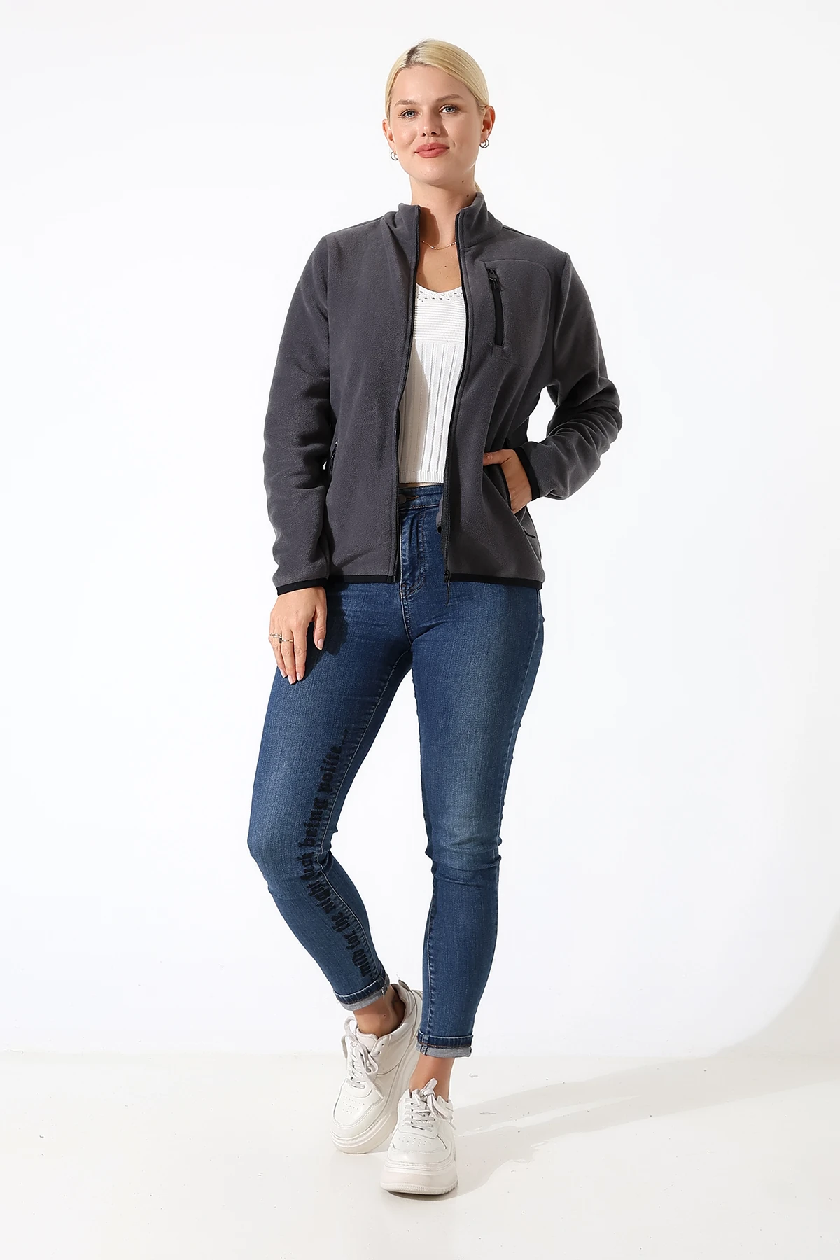 Antrasit Fermuarlı Kadın Polar Hırka Anti pilling Tüylenmez Polar