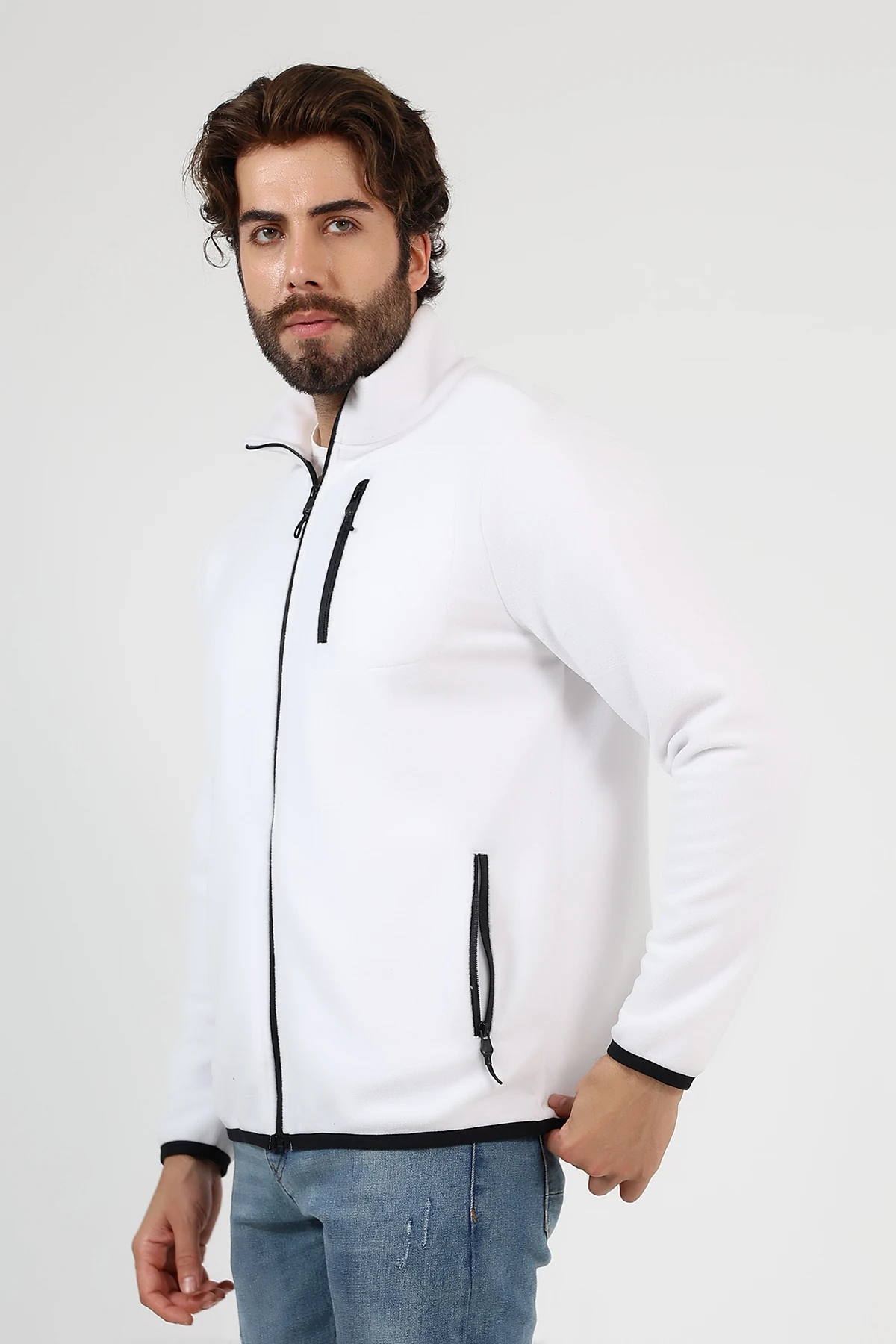 Beyaz Fermuarlı Erkek Polar Hırka 