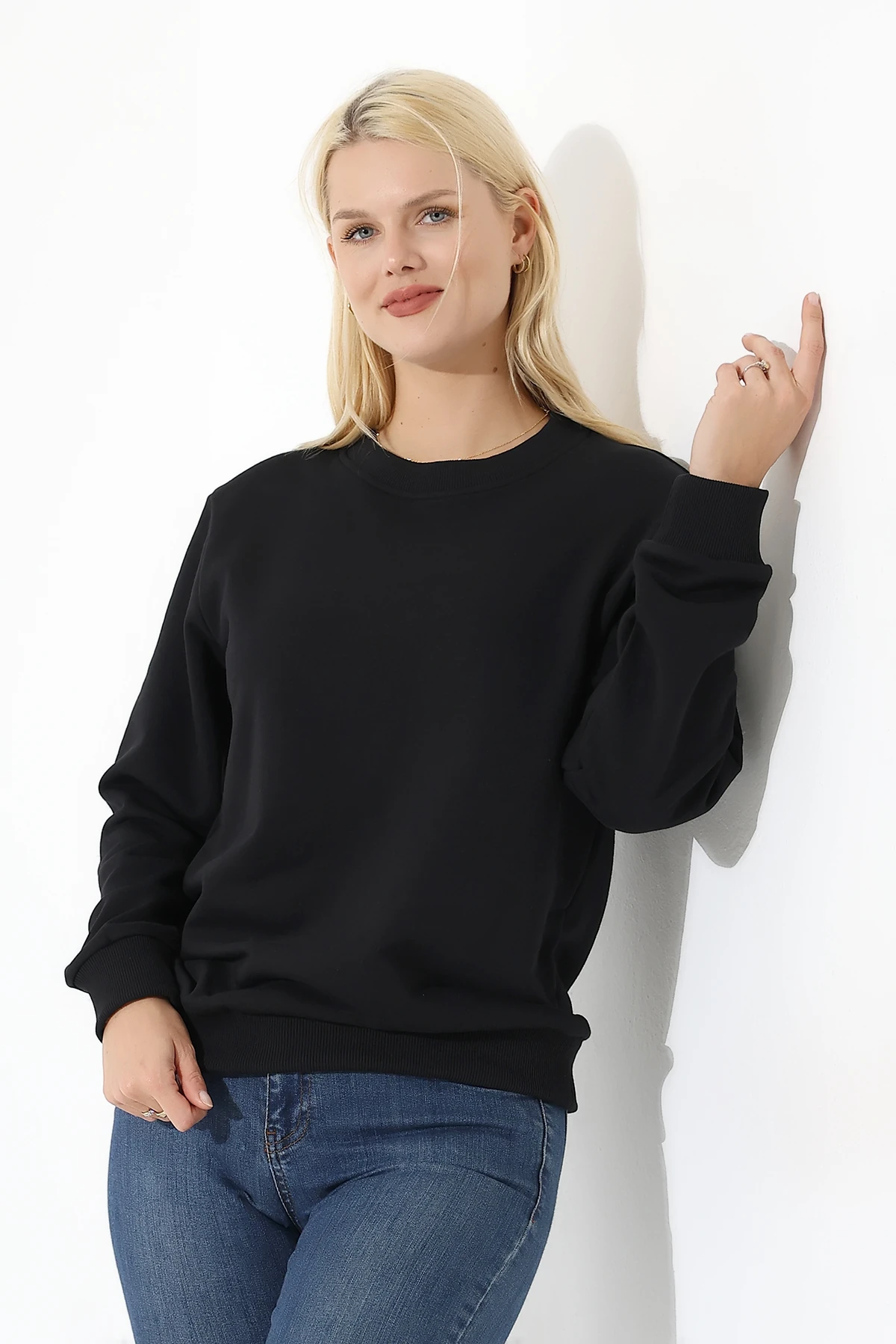 Siyah Üç İplik Kadın Basıc Sweat
