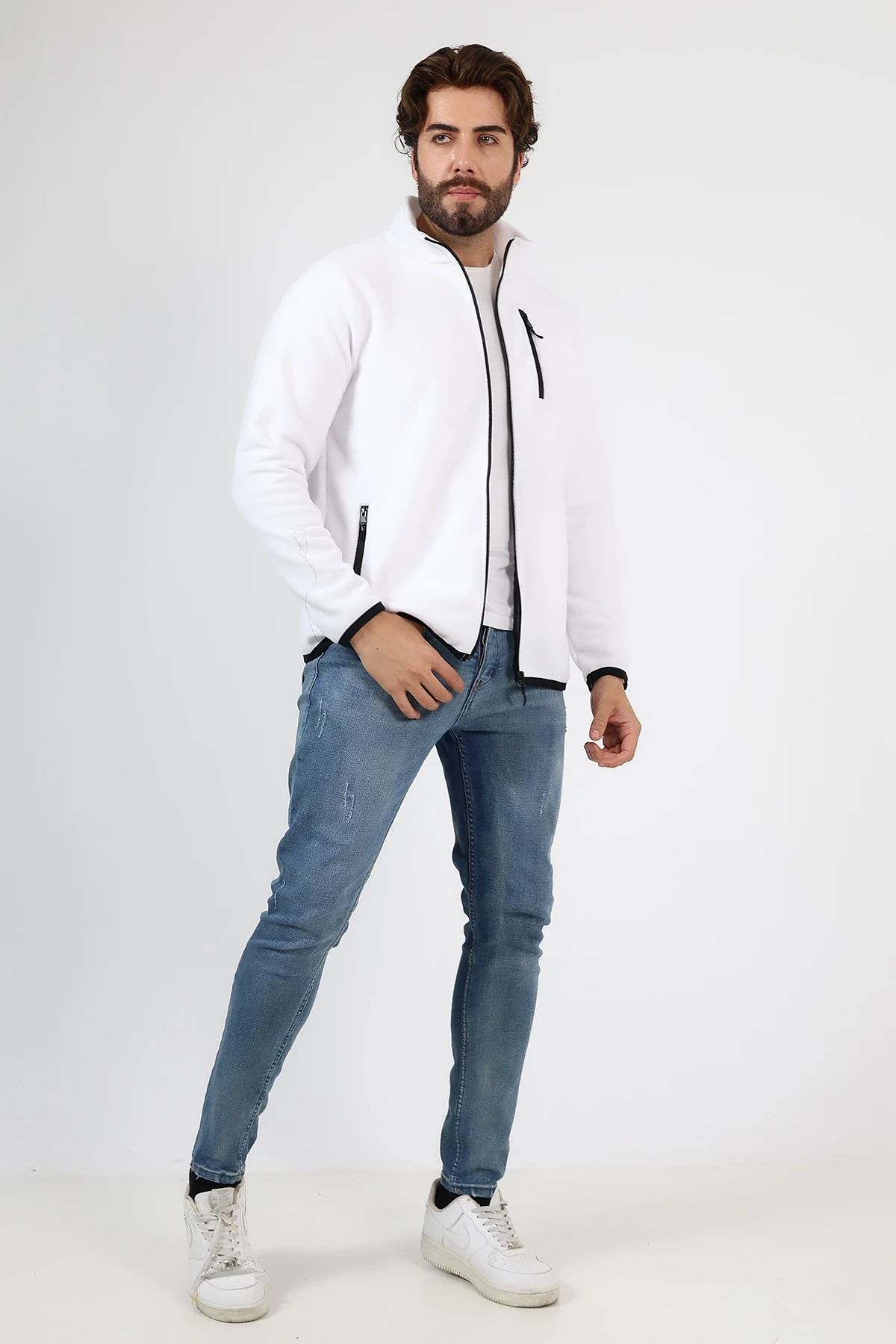 Beyaz Fermuarlı Erkek Polar Hırka 