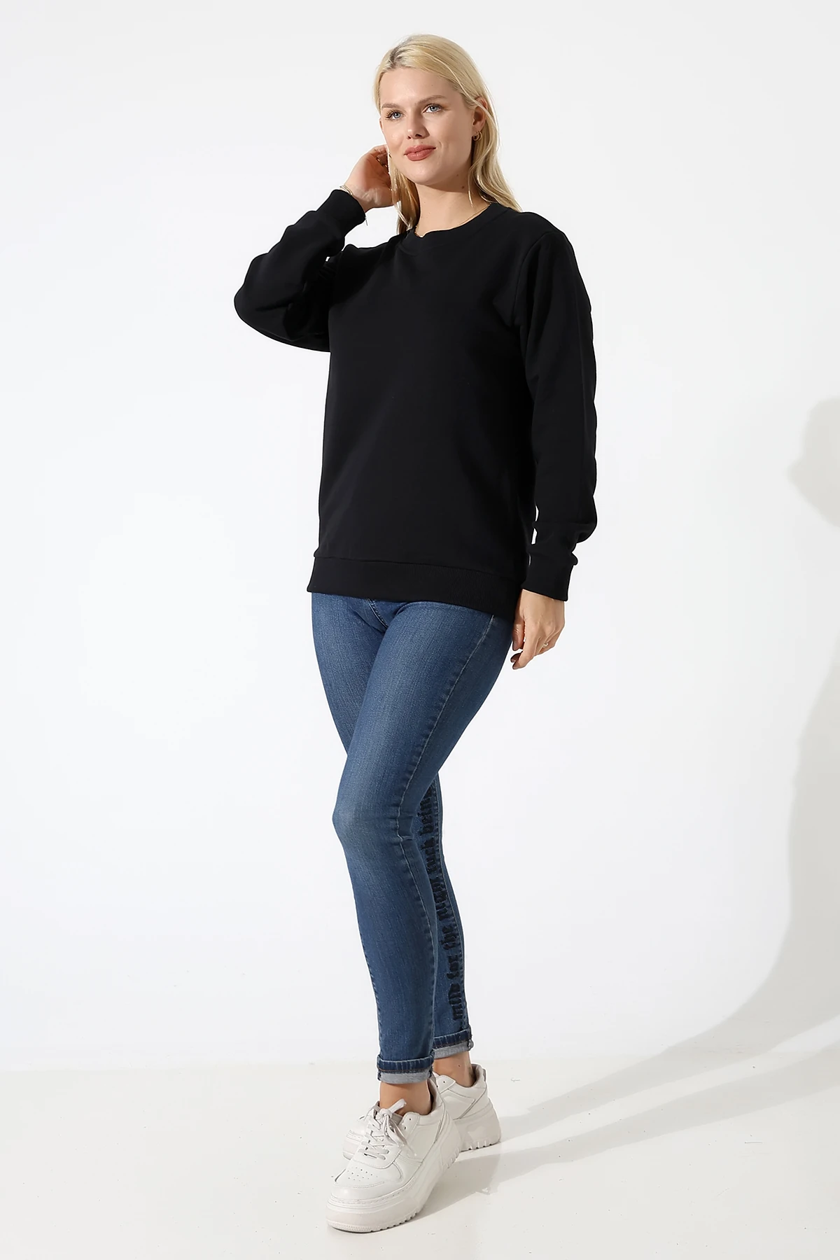 Siyah Üç İplik Kadın Basıc Sweat