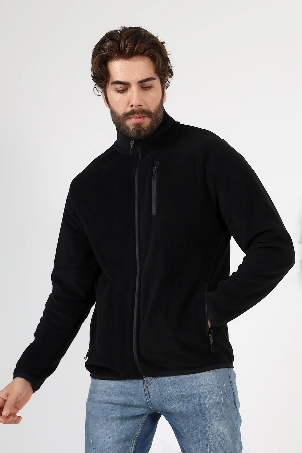 Siyah Fermuarlı Erkek Polar Hırka Anti Pilling Tüylenmez Polar