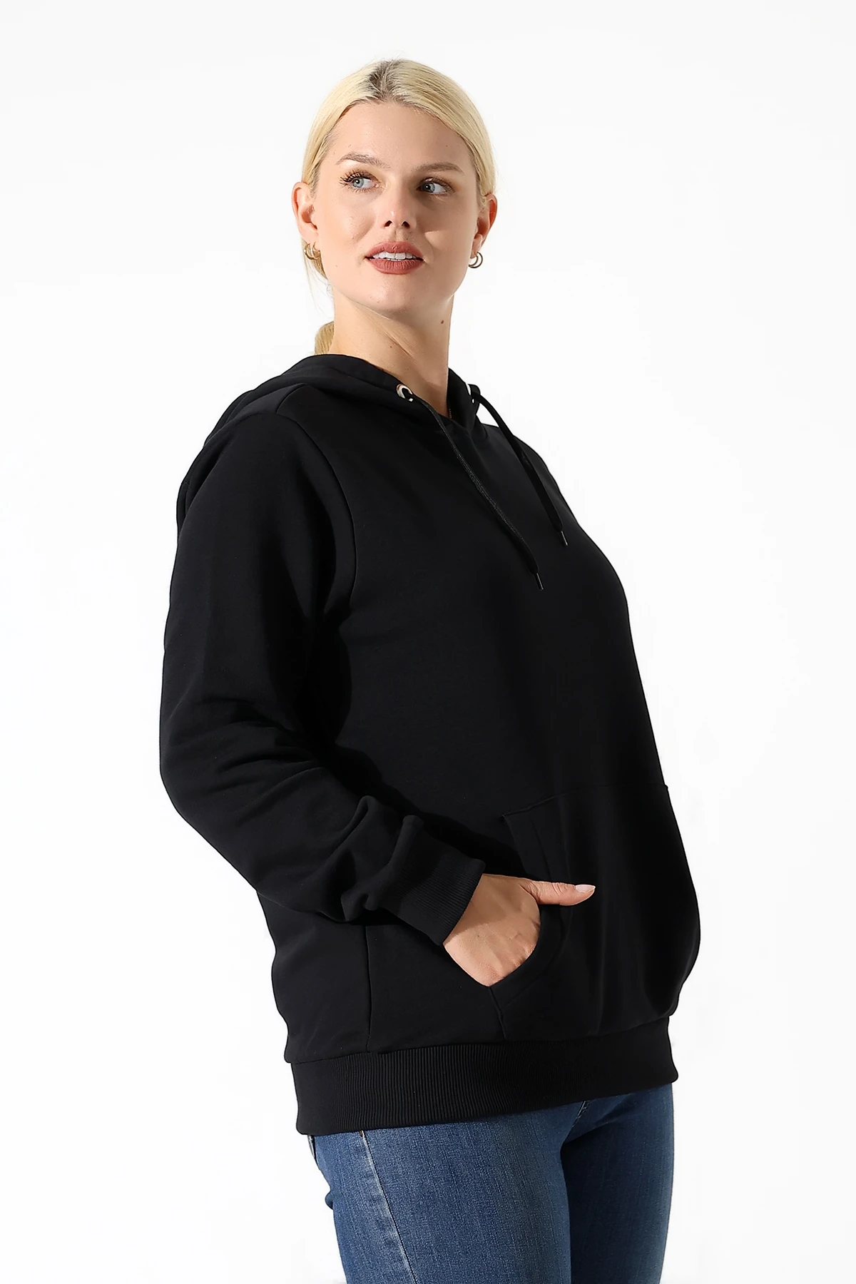 Siyah Kapşonlu Kadın Sweat Katlanınca Çanta Olan Sweat