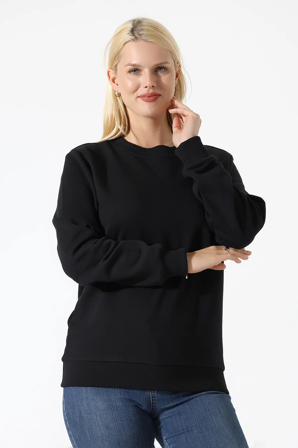 Siyah Üç İplik Kadın Basıc Sweat