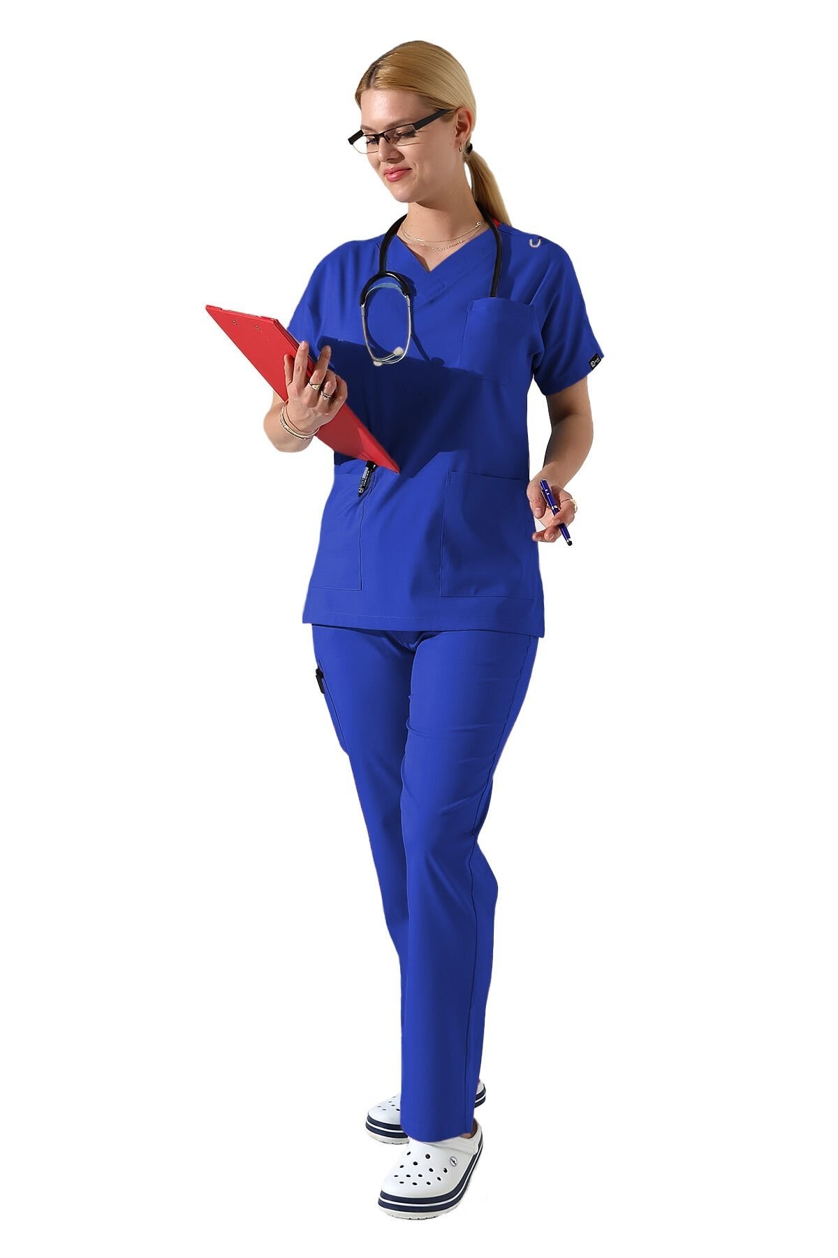 Saks Mavisi Dr Greys V Yaka Yarasa Kol Kadın Scrubs Takımı, Büyük Beden Scrubs