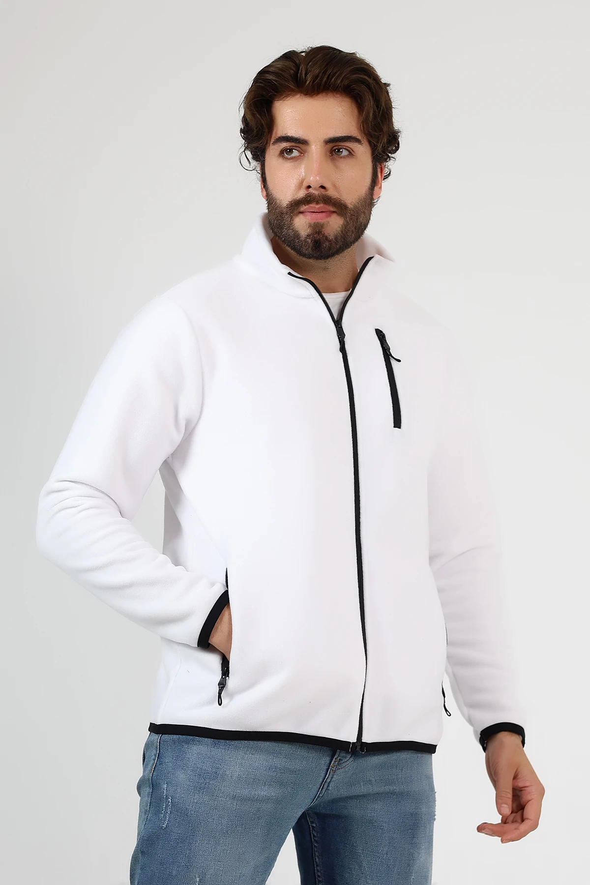 Beyaz Fermuarlı Erkek Polar Hırka 