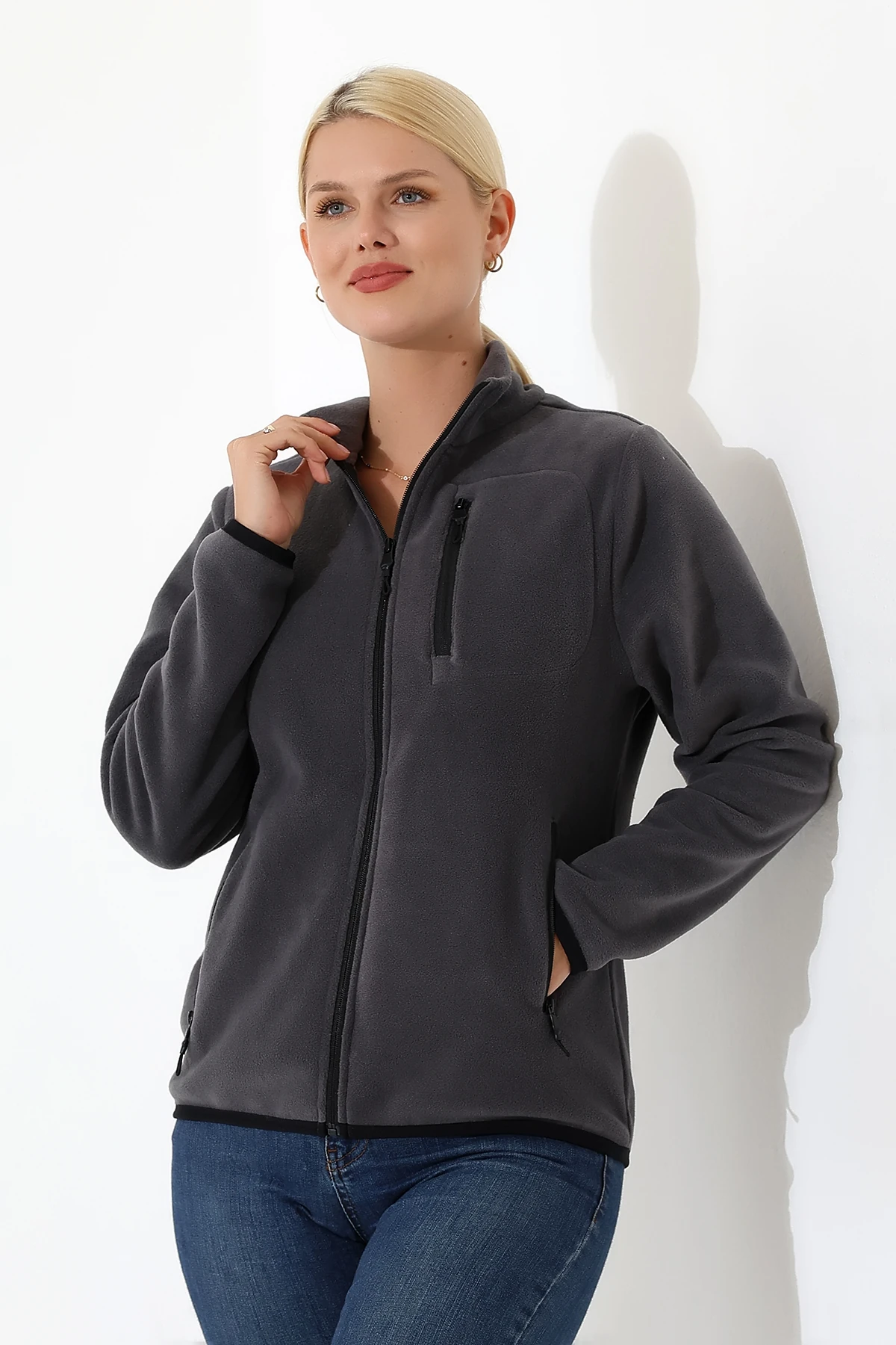 Antrasit Fermuarlı Kadın Polar Hırka Anti pilling Tüylenmez Polar