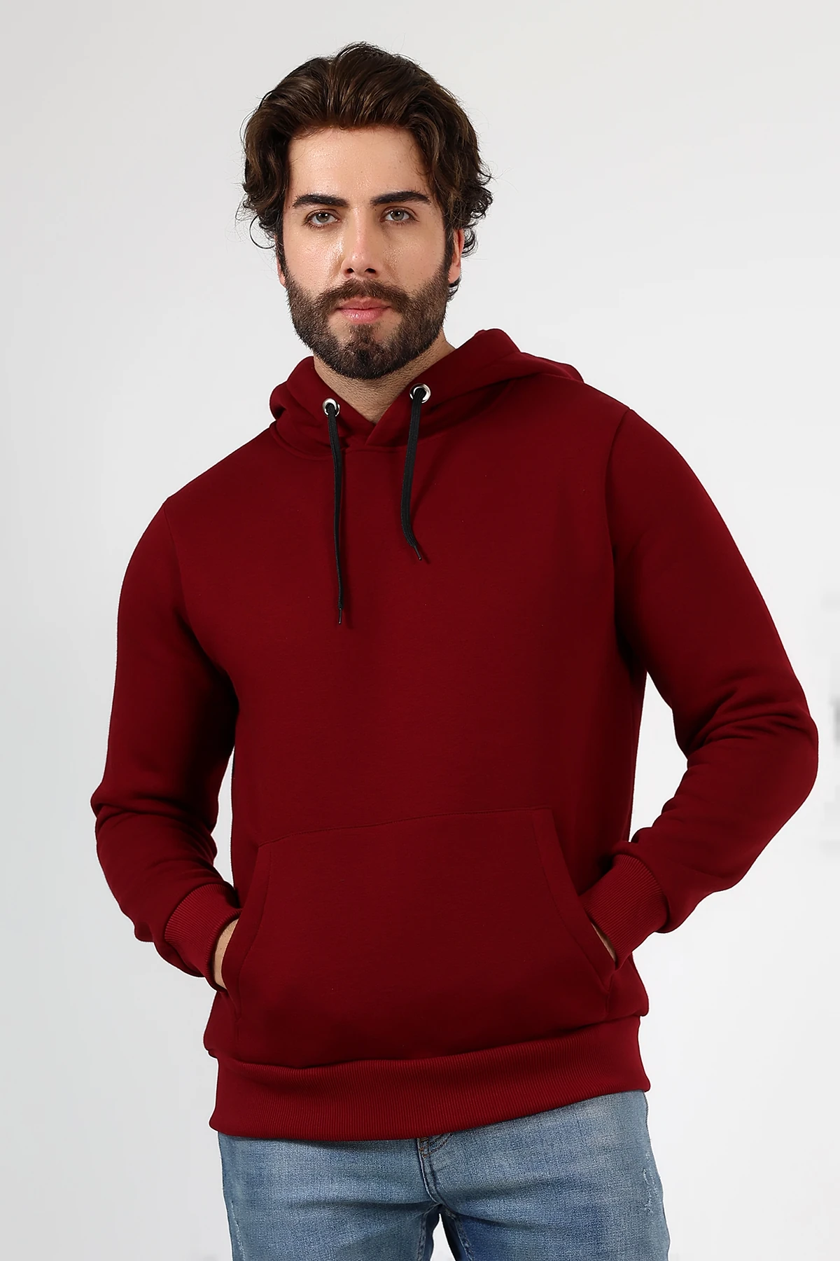 Bordo Kapşonlu Erkek Sweat Çantalı Beduca Sweat