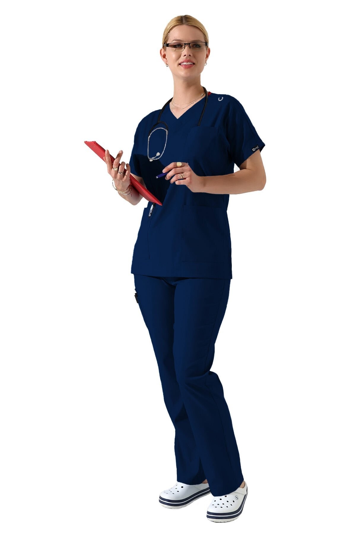 İndigo Dr Greys V Yaka Yarasa Kol Kadın Scrubs Takımı, Büyük Beden Scrubs