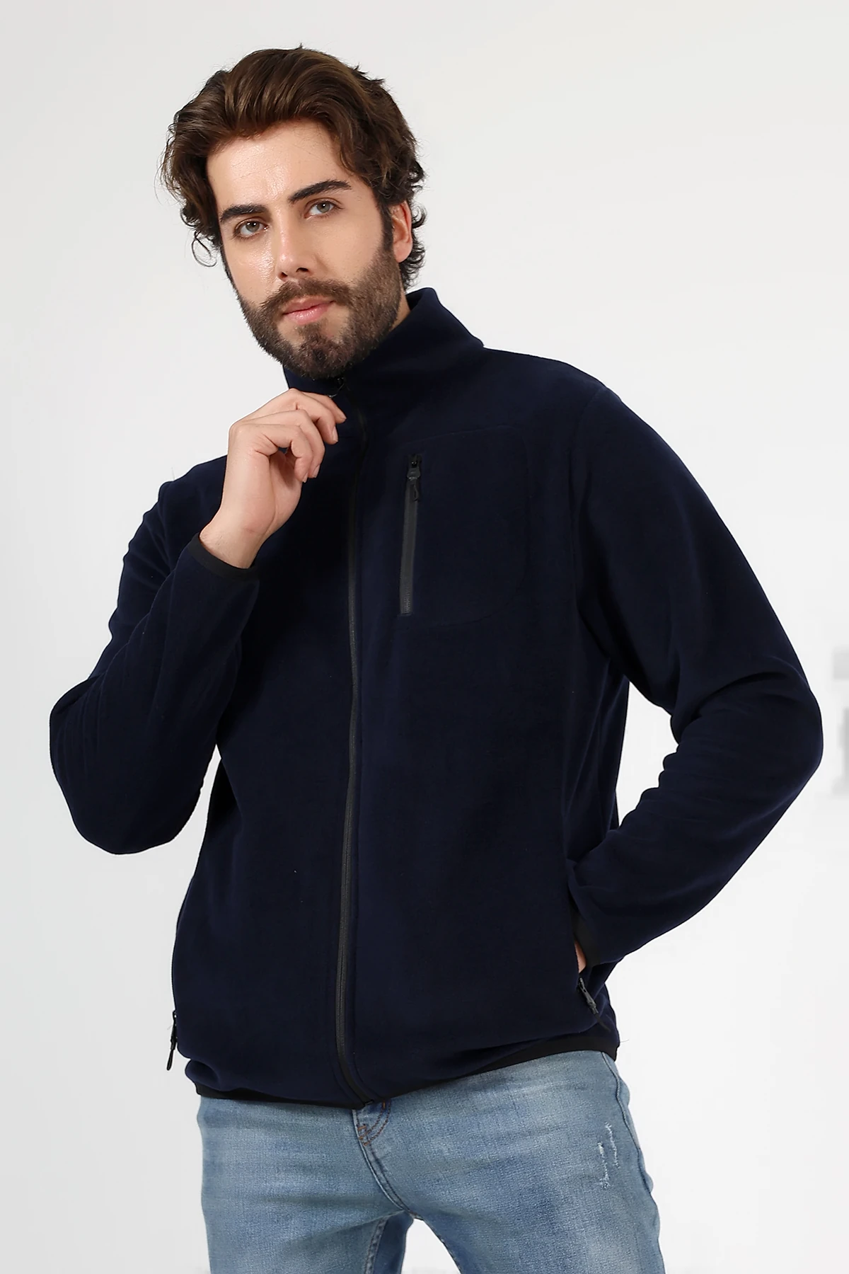 Lacivert Fermuarlı cepli Erkek Polar Hırka