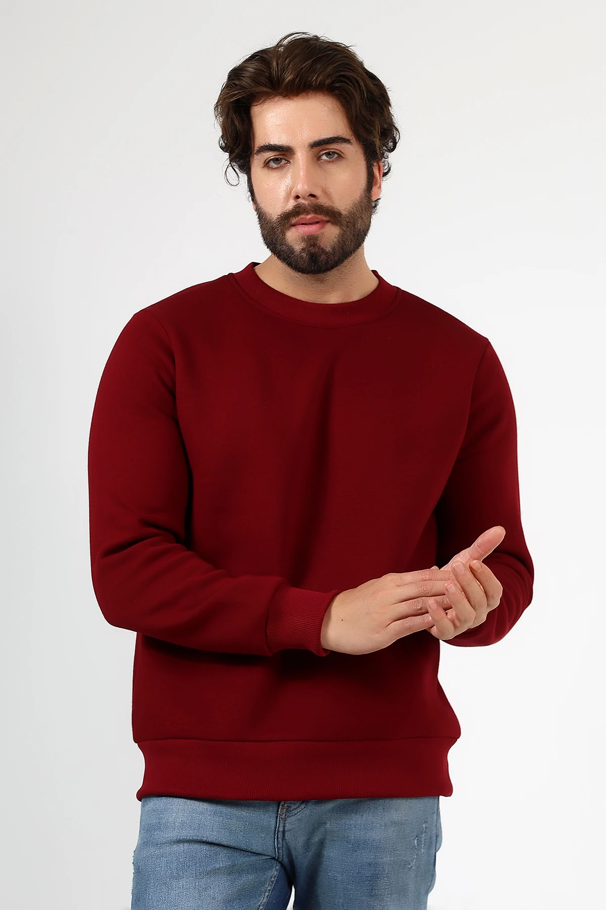 Bordo Erkek Basic Swetshirt Üç İplik Sweat