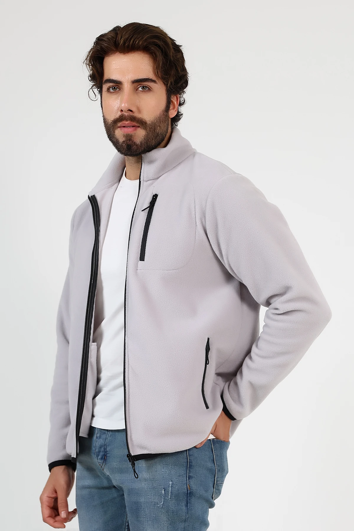 Gri Anti Pilling Tüylenmez Fermuarlı Erkek Polar Hırka