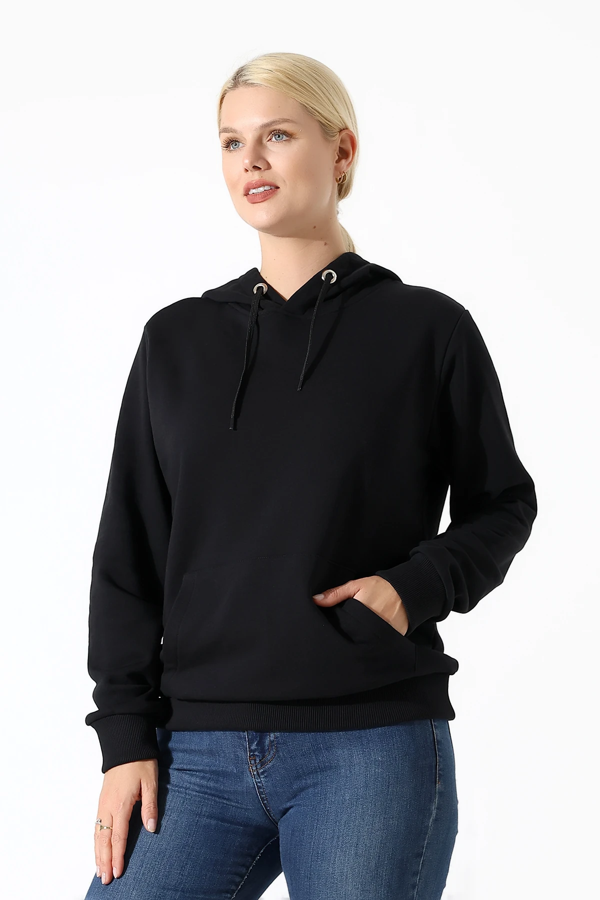 Siyah Kapşonlu Kadın Sweat Katlanınca Çanta Olan Sweat