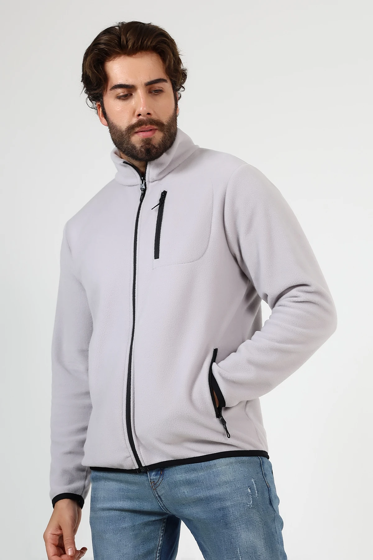 Gri Anti Pilling Tüylenmez Fermuarlı Erkek Polar Hırka