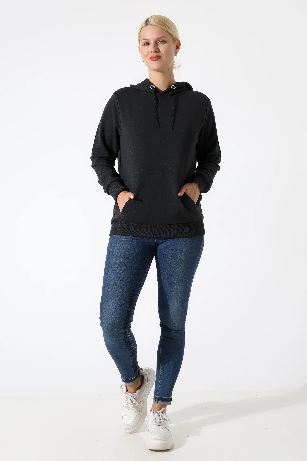 Antrasit Kapşonlu Kadın Sweat çantaya Dönüşen Sweat