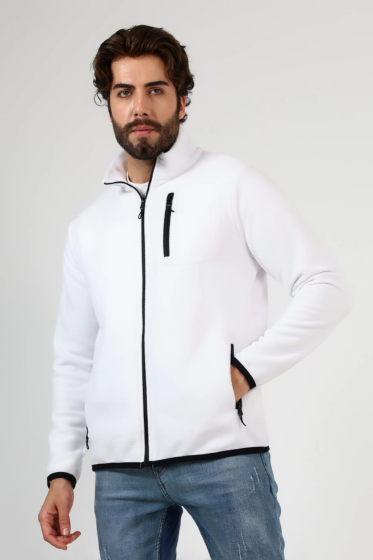 Beyaz Fermuarlı Erkek Polar Hırka 