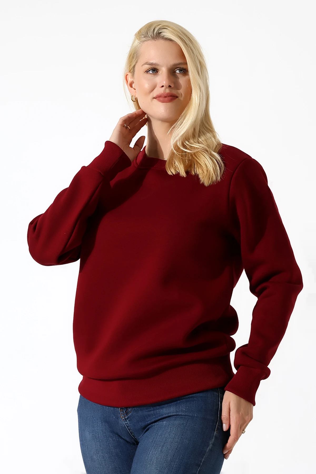 Bordo Üç İplik Kadın Basıc Sweatshirt