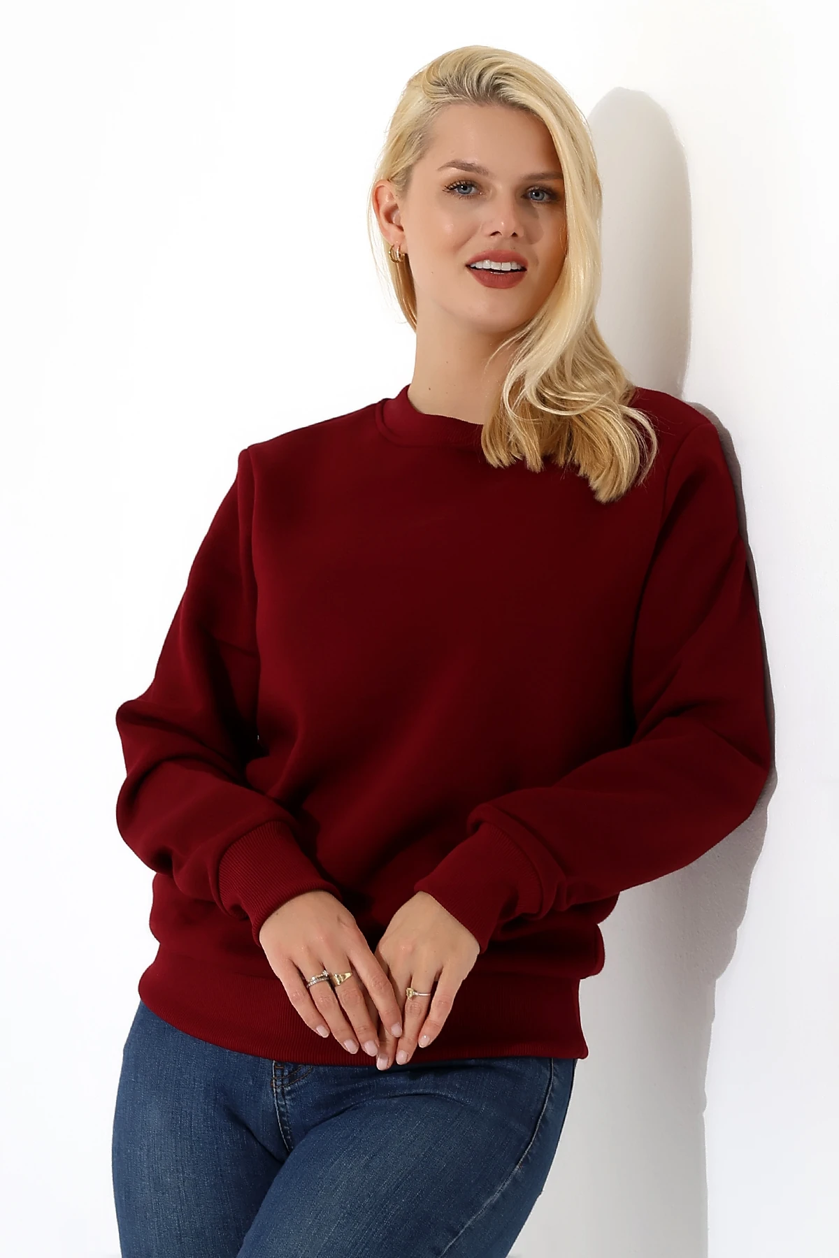 Bordo Üç İplik Kadın Basıc Sweatshirt
