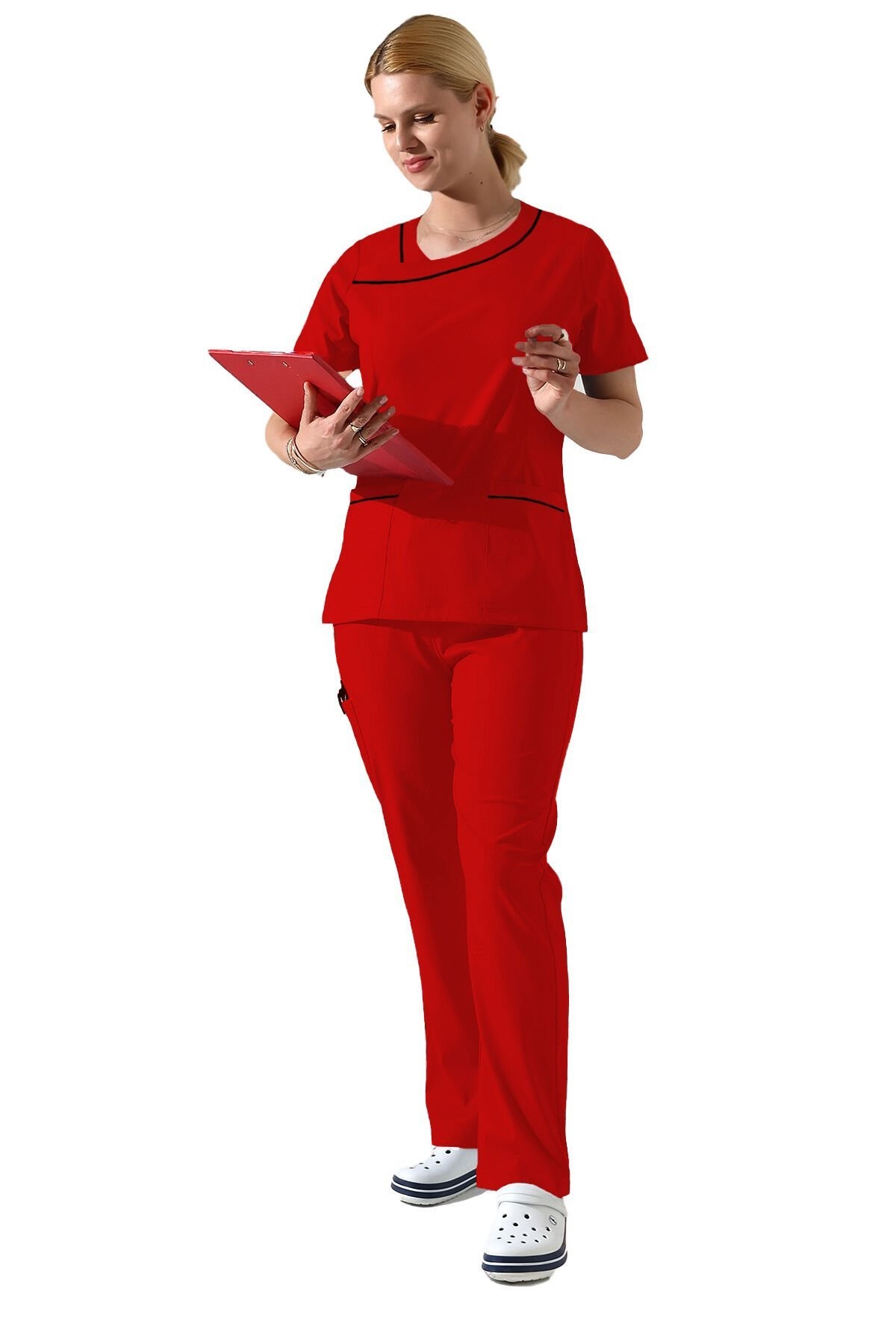 Kırmızı Likralı Yaka Detaylı Kadın Scrubs Forma Takımı