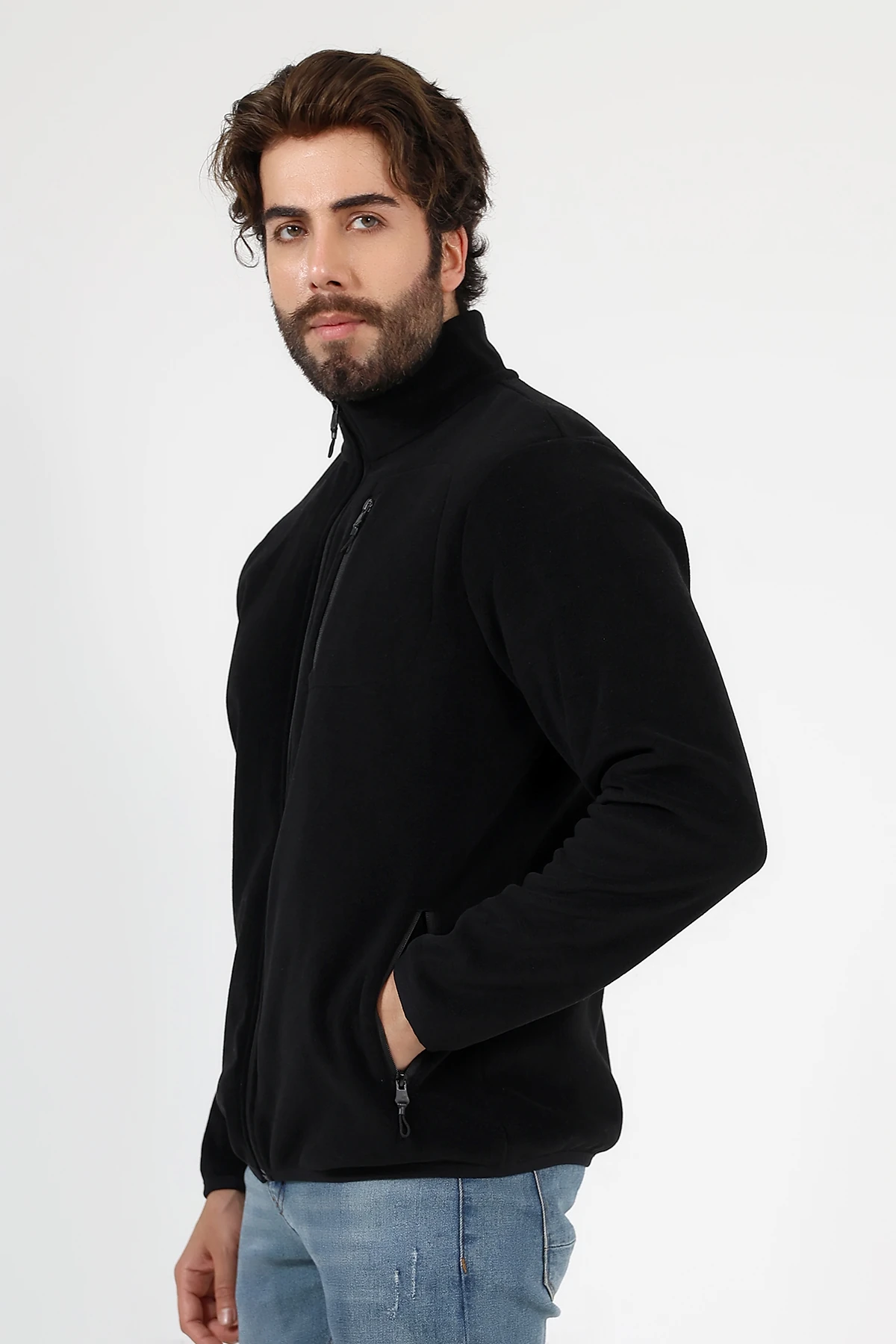 Siyah Fermuarlı Erkek Polar Hırka Anti Pilling Tüylenmez Polar