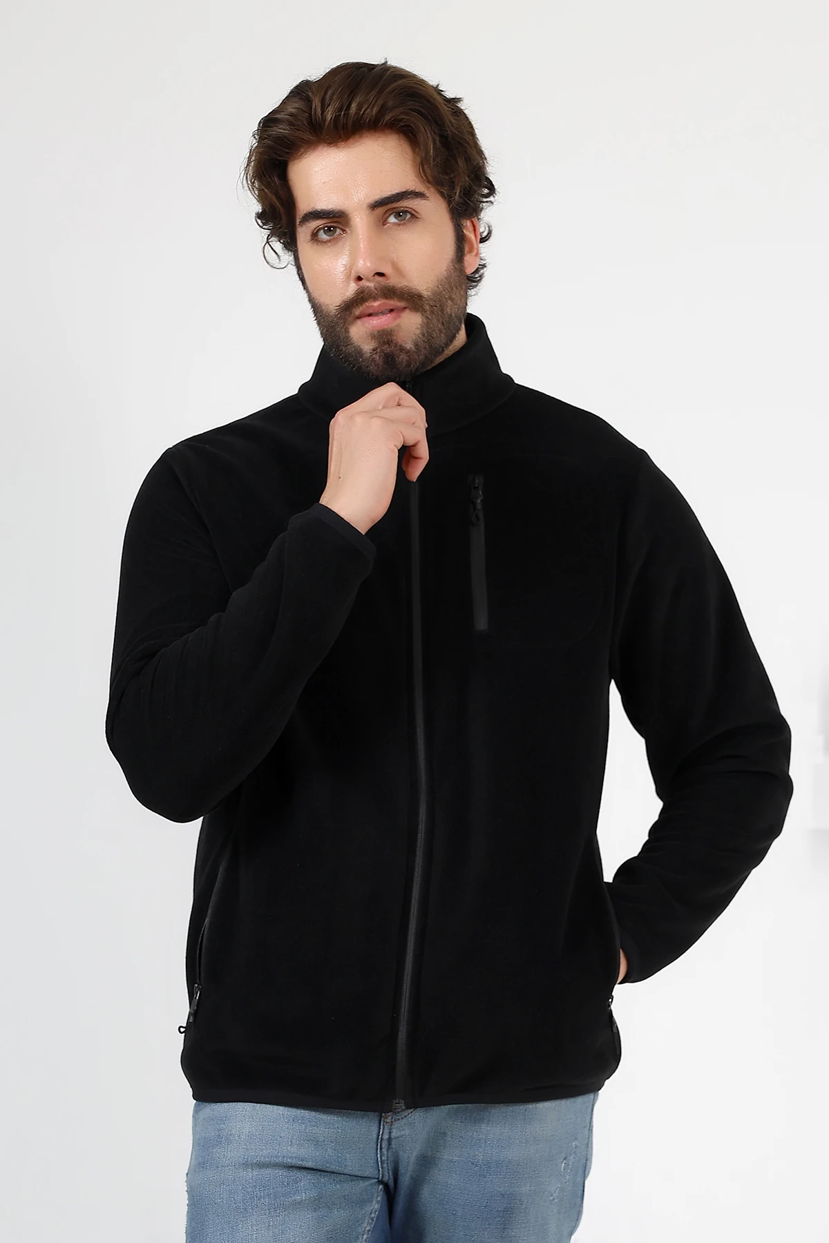 Siyah Fermuarlı Erkek Polar Hırka Anti Pilling Tüylenmez Polar