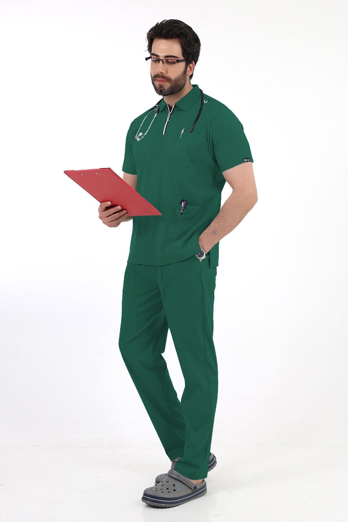 Yeşil Fermuar Detaylı Polo Yaka Erkek scrubs Takım