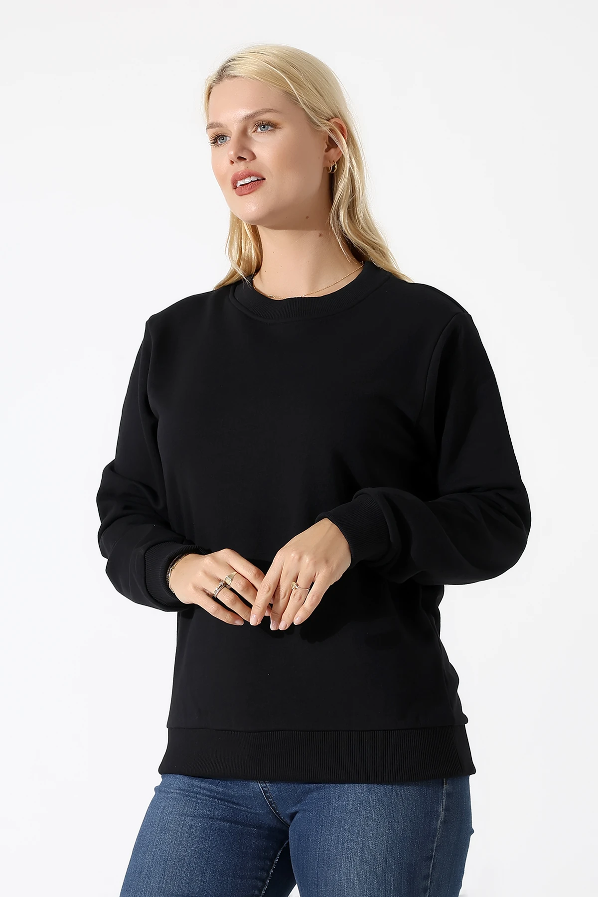 Siyah Üç İplik Kadın Basıc Sweat