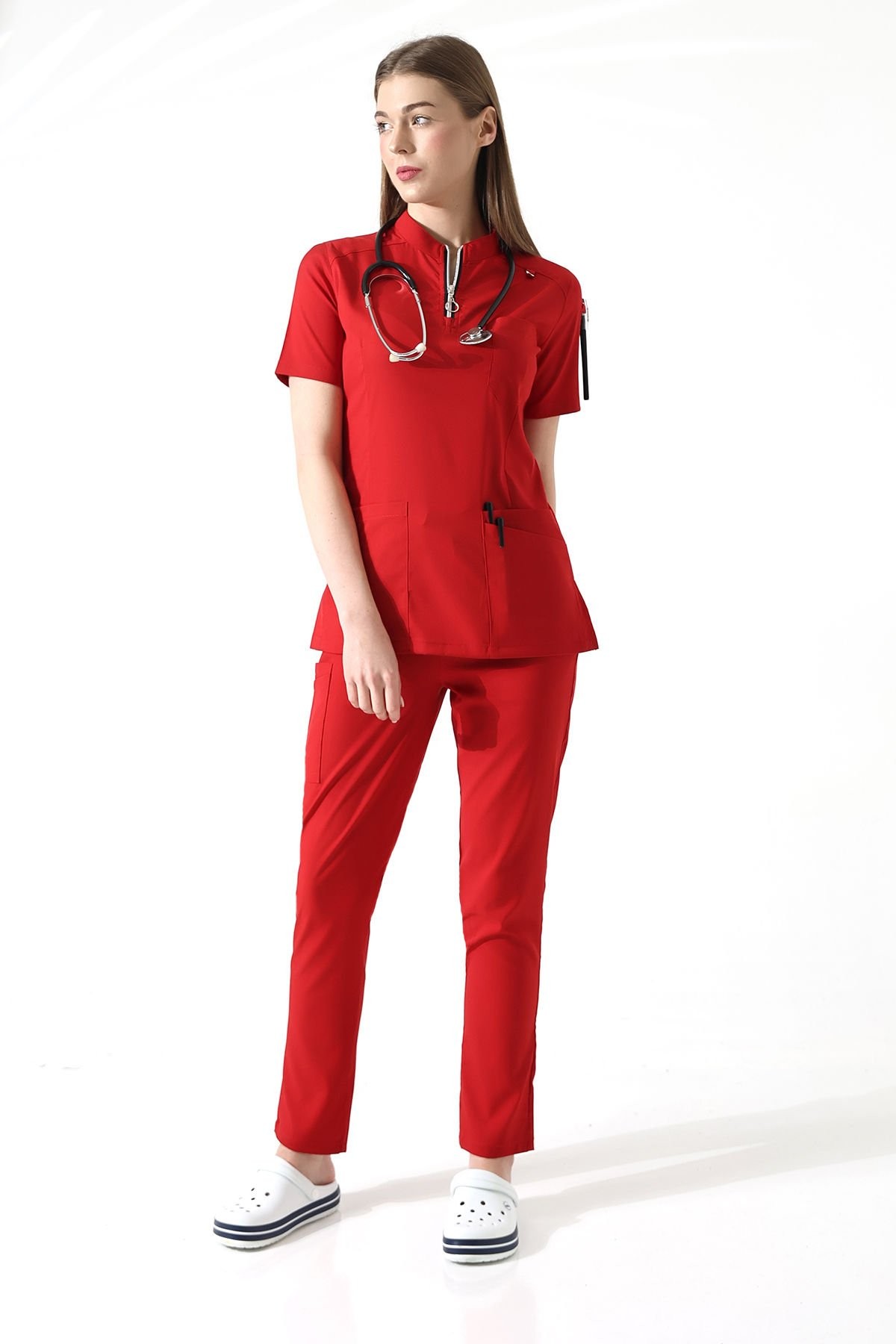 KIRMIZI LİKRALI DOKTOR HEMŞİRE FORMASI