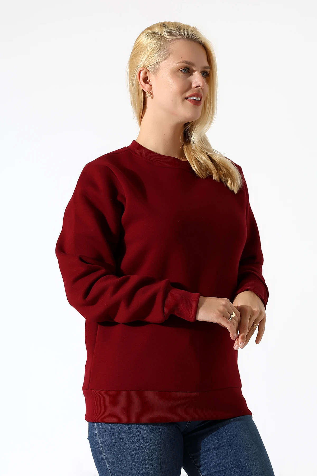 Bordo Üç İplik Kadın Basıc Sweatshirt