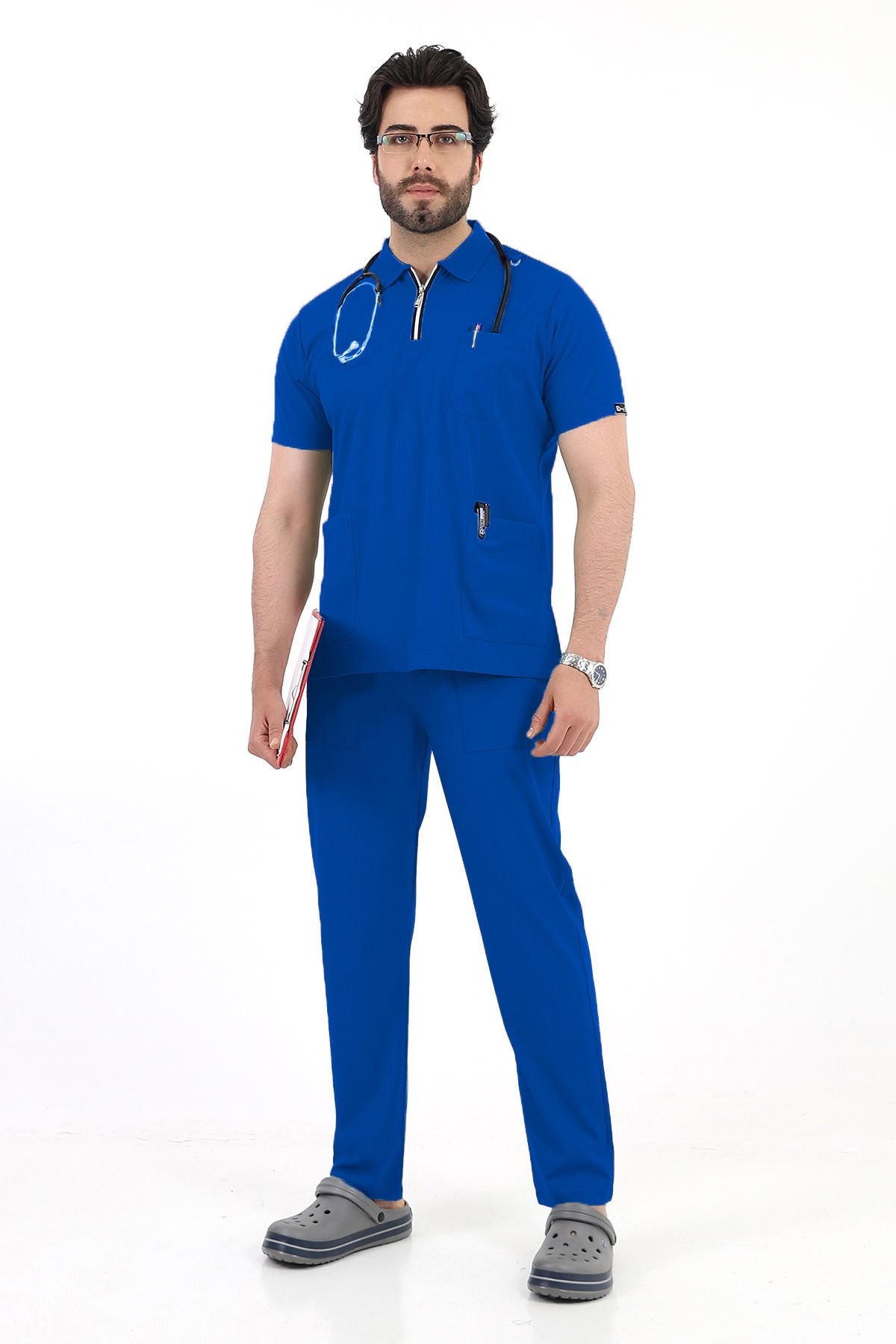 Saks Mavisi Likralı Polo Yaka Fermuarlı Erkek Doktor Hemşire Üniforma Takımı