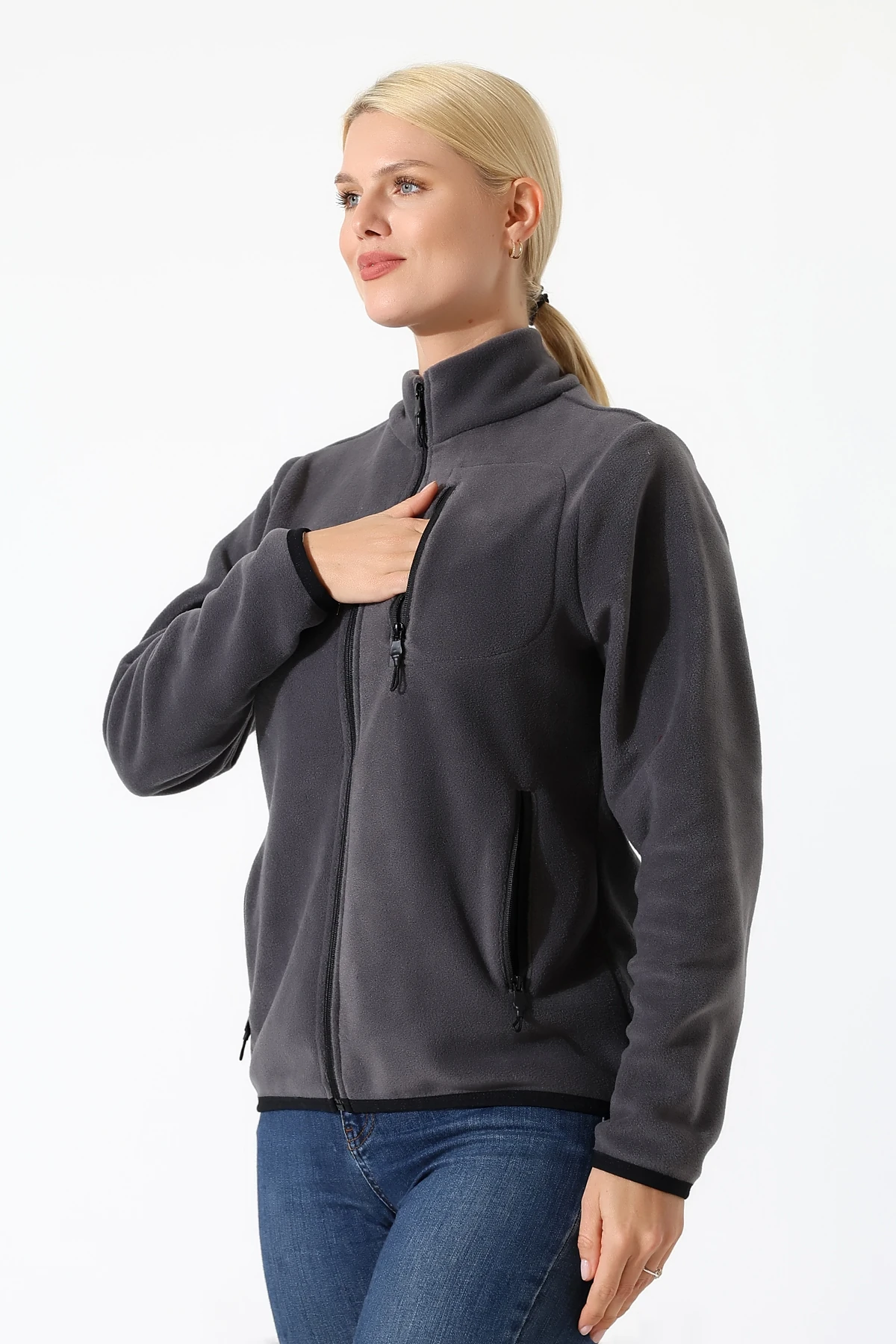 Antrasit Fermuarlı Kadın Polar Hırka Anti pilling Tüylenmez Polar