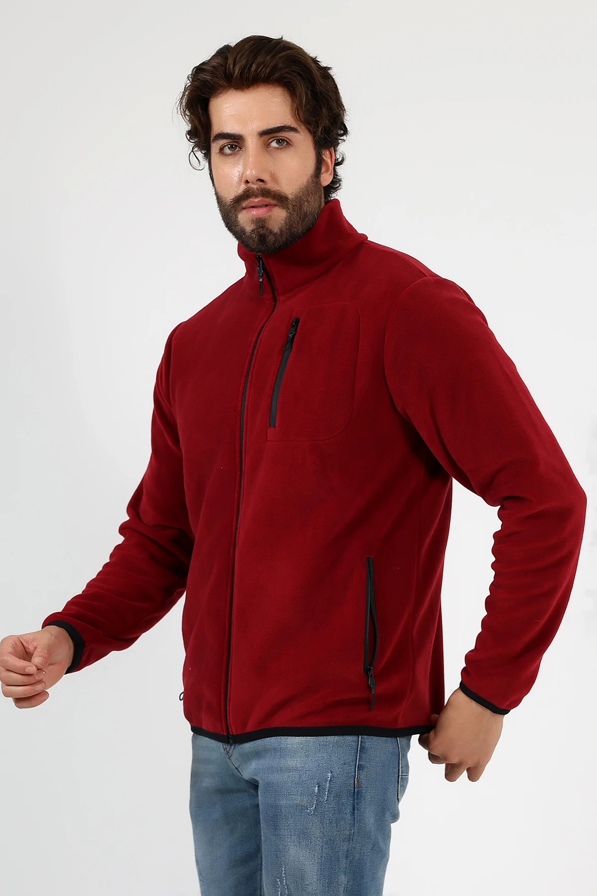Bordo Fermuarlı Erkek Polar Hırka Anti pilling Tüylenmez Polar