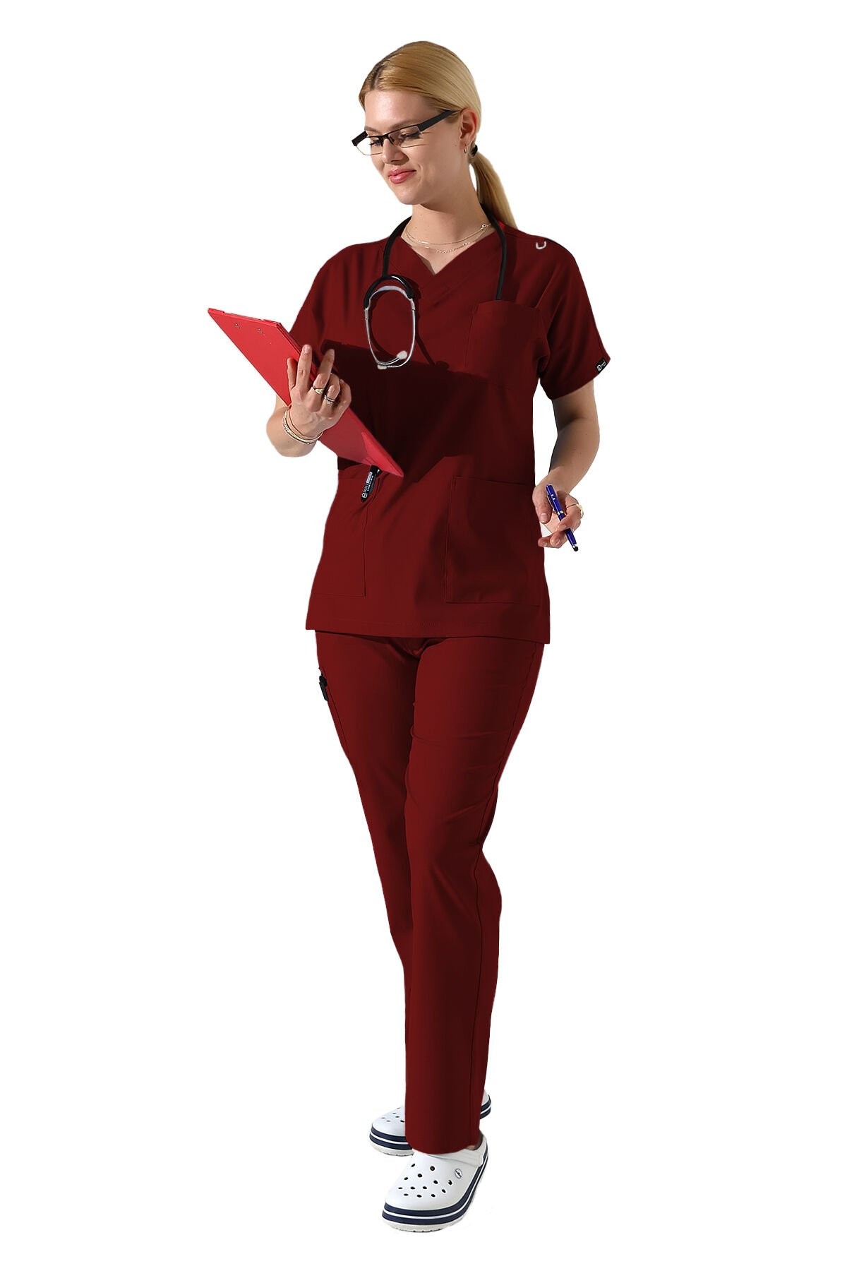 Bordo Dr Greys V Yaka Yarasa Kol Kadın Scrubs Takımı, Büyük Beden Scrubs