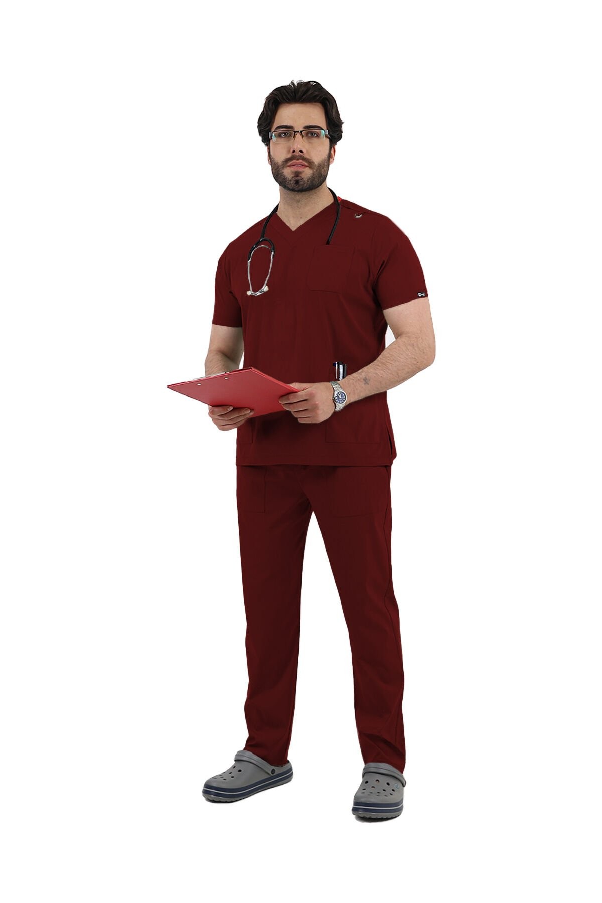 Bordo Likralı V Yaka Takma Kol Erkek Forma Takımı