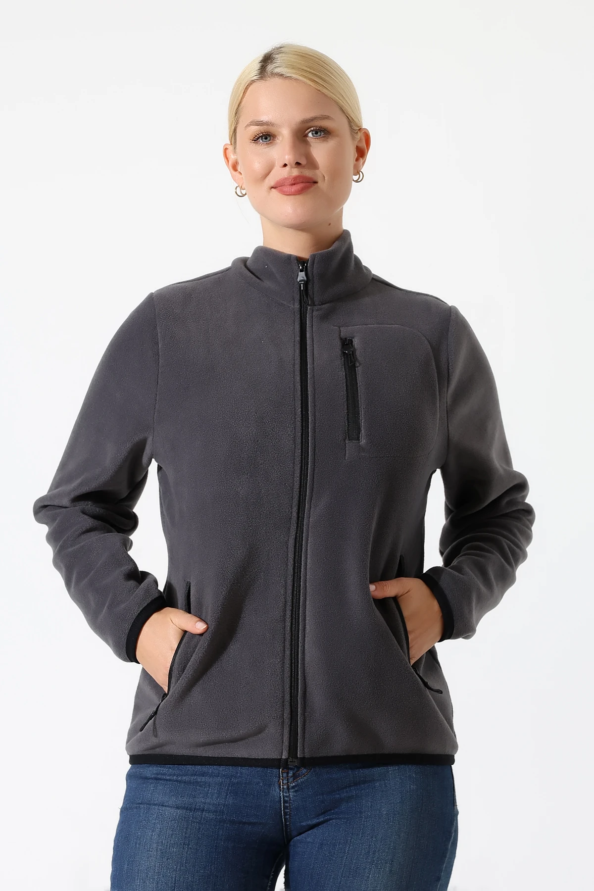 Antrasit Fermuarlı Kadın Polar Hırka Anti pilling Tüylenmez Polar