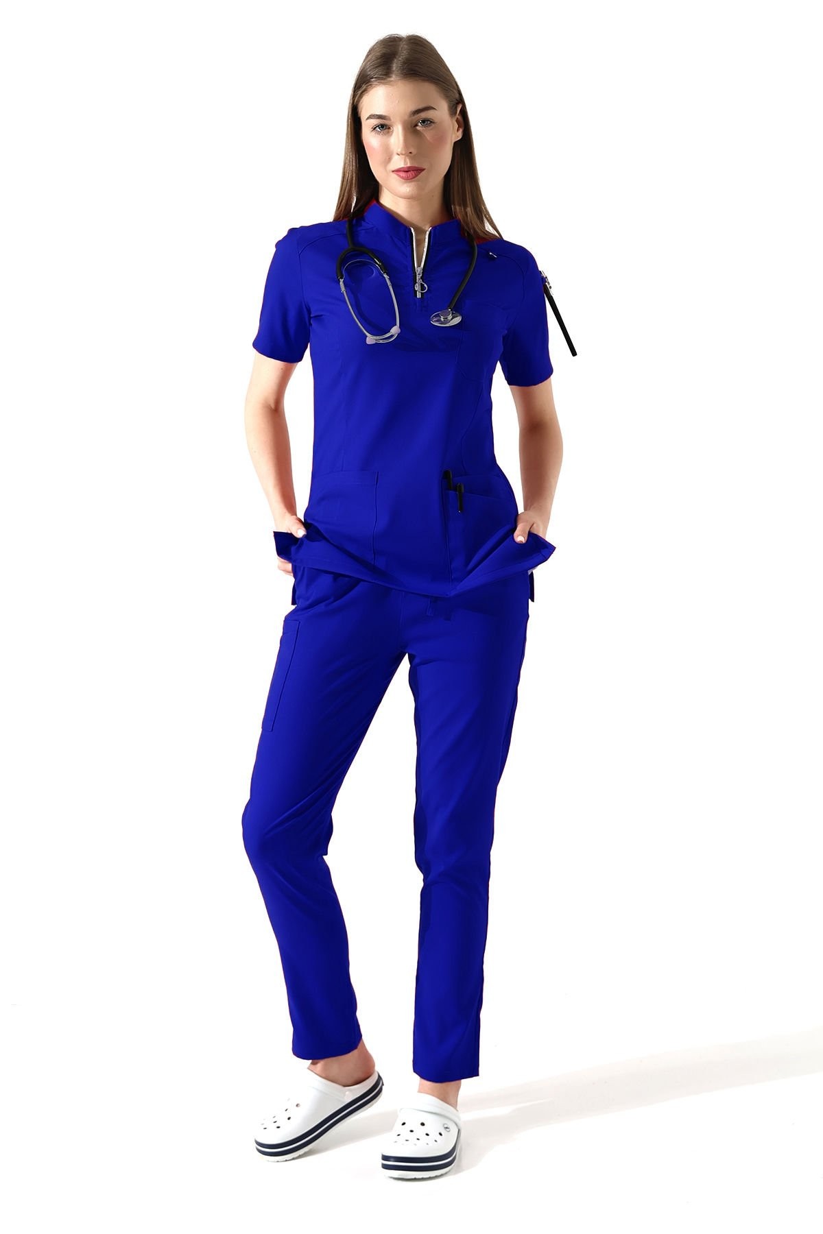 SAKS MAVİSİ FERMUARLI HAKİM YAKA DOKTOR FORMA NÖBET TAKIMI
