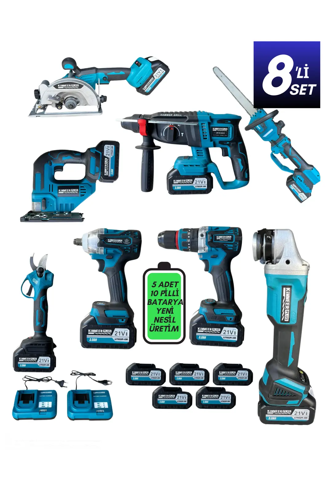 KİMMEER PLUS 8'Lİ KÖMÜRSÜZ ŞARJLI MAKİNE SETİ
