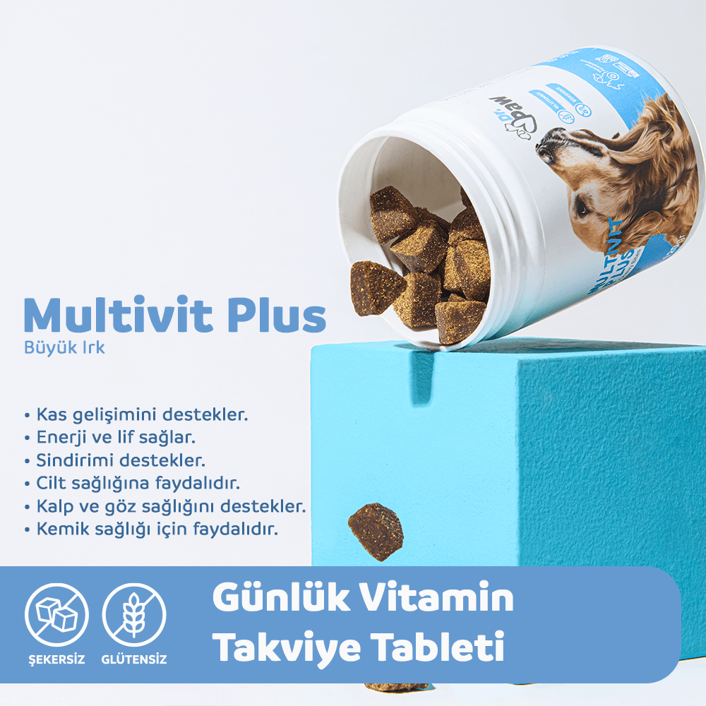 Multivit Plus: Köpekler İçin Glutensiz ve Şeker İlavesiz Günlük Vitamin Takviyesi Çiğnenebilir Tablet (120 gr)