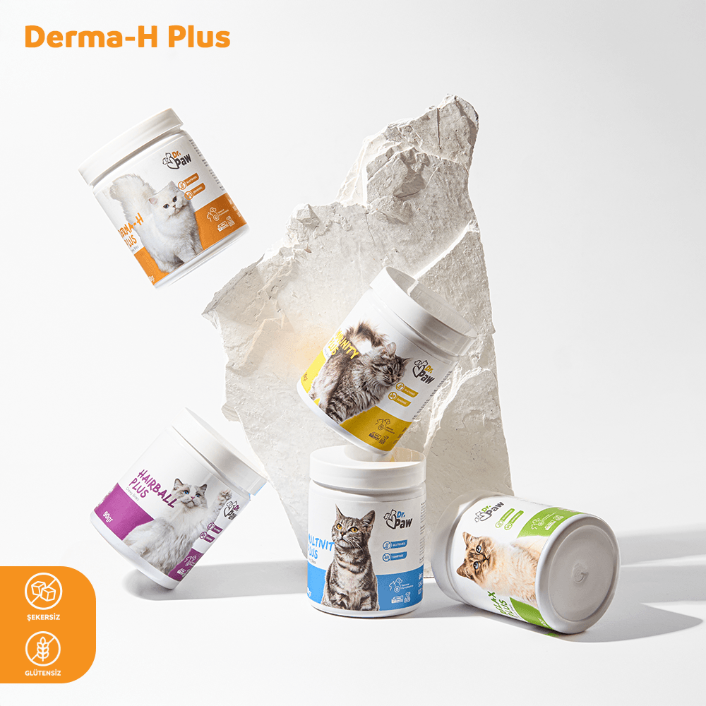 Derma H Plus: Kediler İçin Glutensiz ve Şeker İlavesiz Tüy ve Cilt Sağlığı Destekleyici Çiğnenebilir Tablet (90 gr)