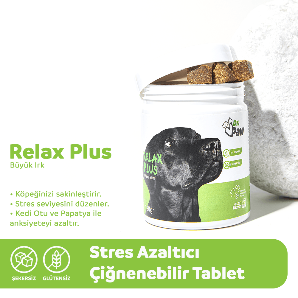 Relax Plus: Köpekler İçin Glutensiz ve Şeker İlavesiz Stres Azaltıcı Çiğnenebilir Tablet (120 gr)