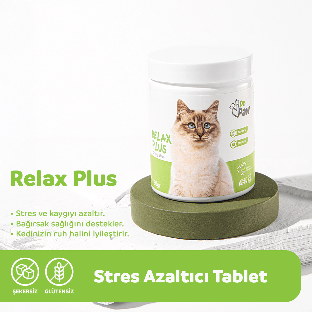 Relax Plus: Kediler İçin Glutensiz ve Şeker İlavesiz Stres Azaltıcı Çiğnenebilir Tablet (90 gr)