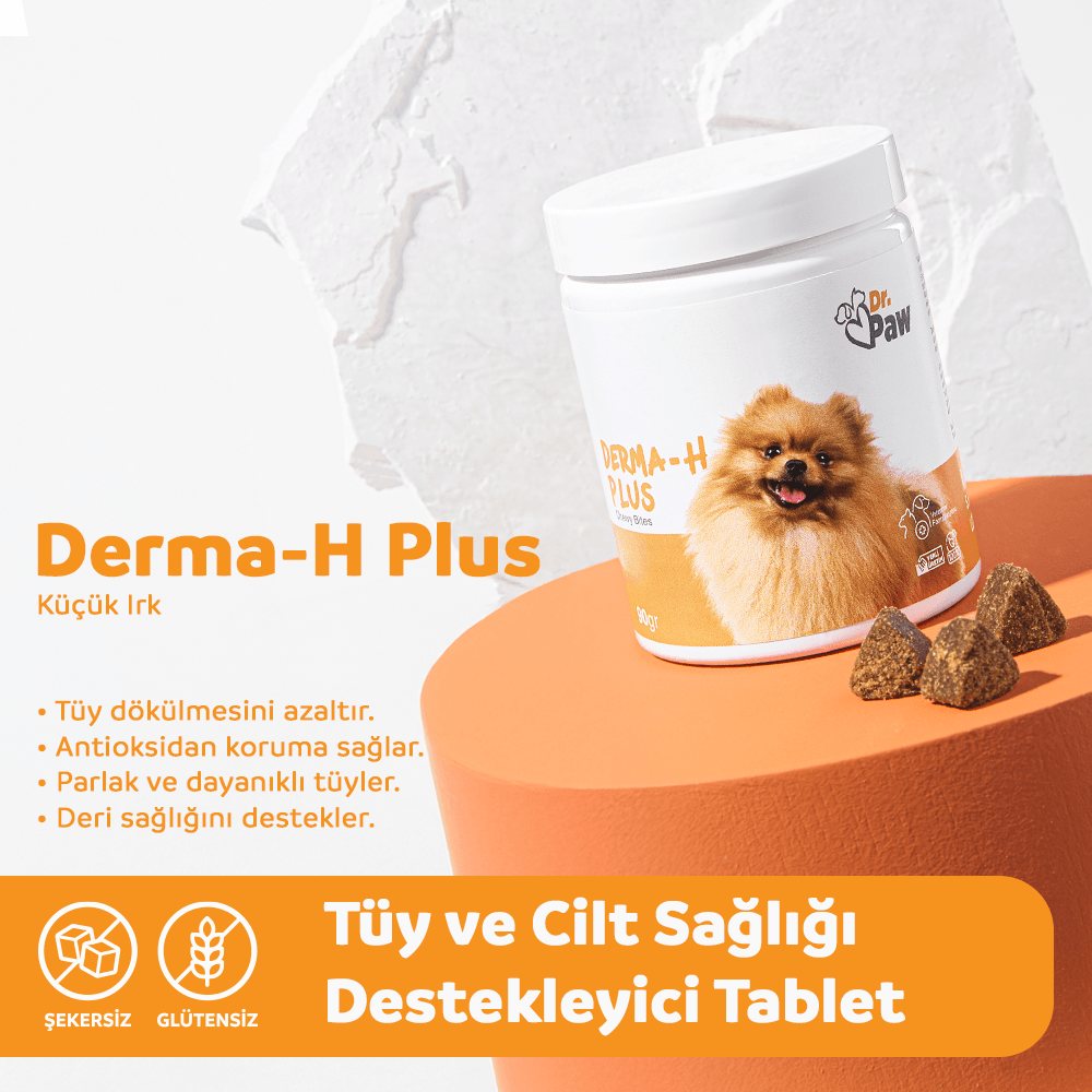 Derma H Plus: Köpekler İçin Glutensiz ve Şeker İlavesiz Tüy ve Cilt Sağlığı Destekleyici Çiğnenebilir Tablet (Küçük Irk)